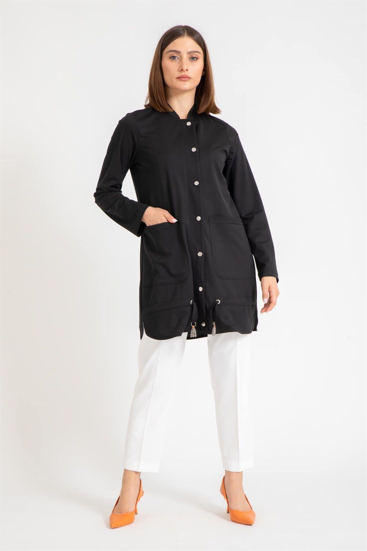 Esswaap Önü Çıt Çıt Kapamalı Büzgü Detaylı Giy Çık Tunik Ceket Siyah