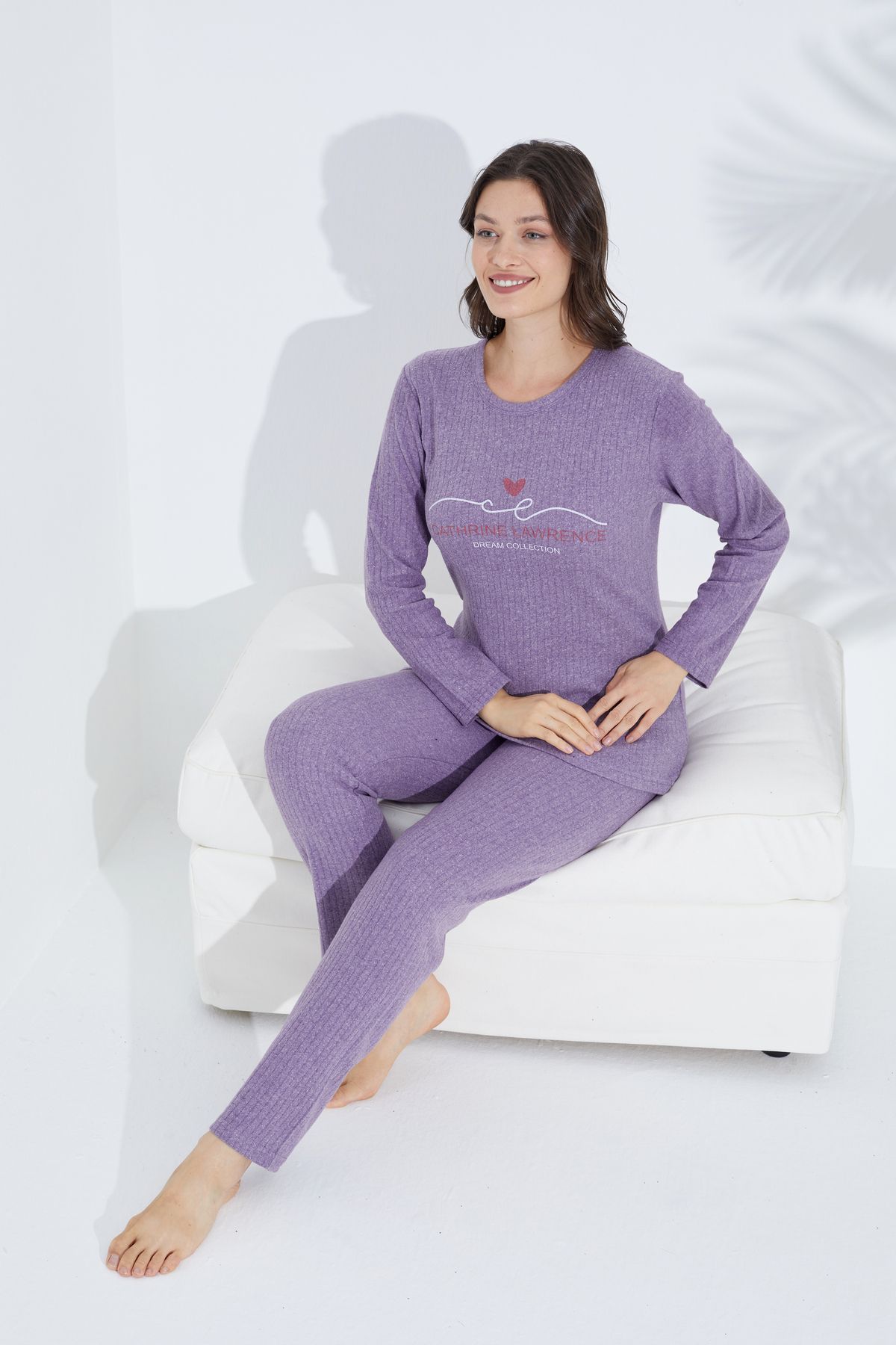 Siyah İnci lila baskılı Örme Baskılı Pijama Takım