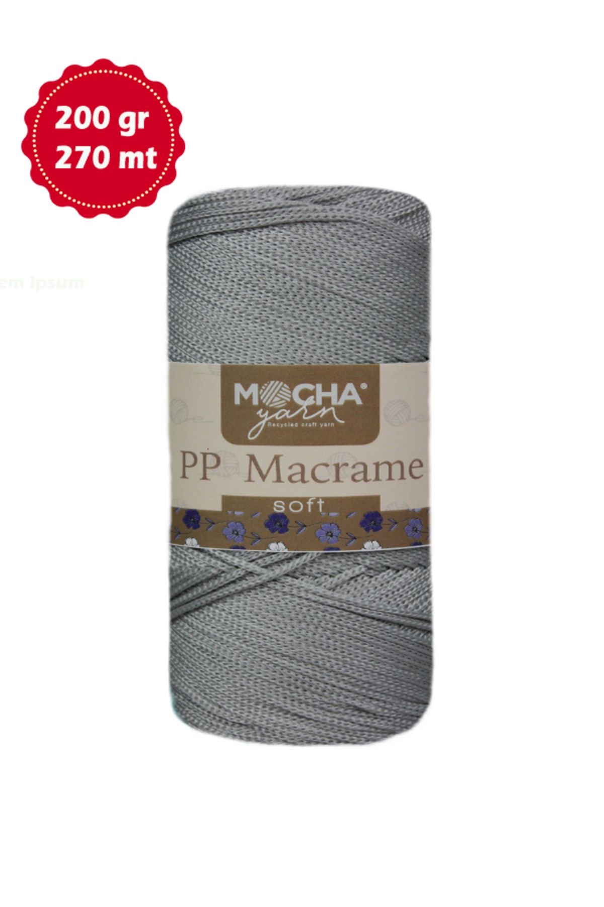 MochaYarn Piremium Polyester Makrome Ip Açık Gri 2mm.-200gr.-270m. Pp Makrome Hobi,supla,runner Ipi