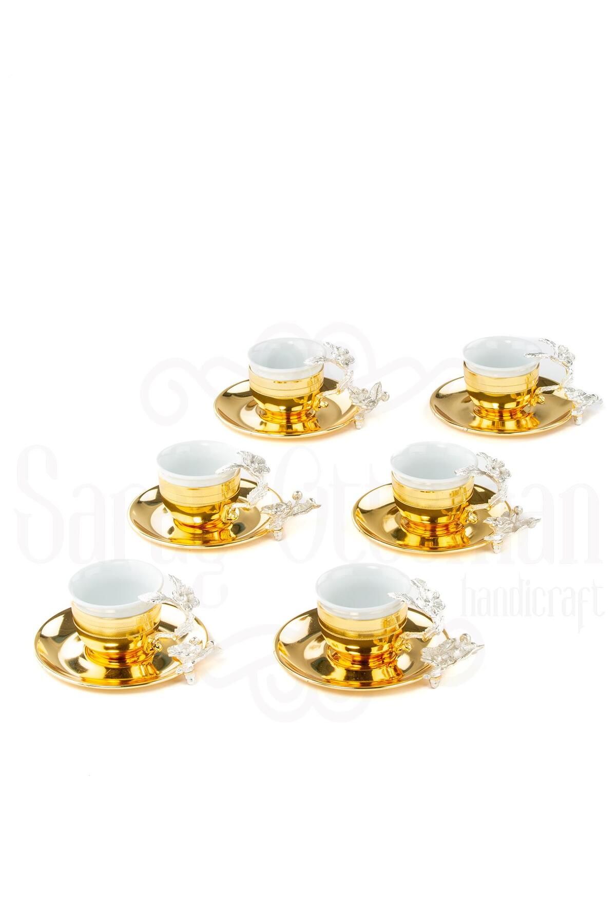 Saray Ottoman Bakır Kahve Fincanı Porselen Kahve Fincanı Nikel Japon Gülü Çizgili 6'lı Kahve Fincanı Altın