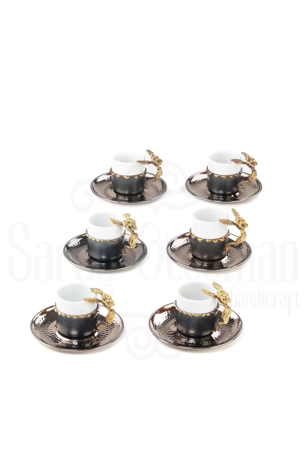 Saray Ottoman Kahve Fincanı Bakır Fincan Porselen Fincan Japon Gülü 6'lı Kahve Fincanı Mat Siyah