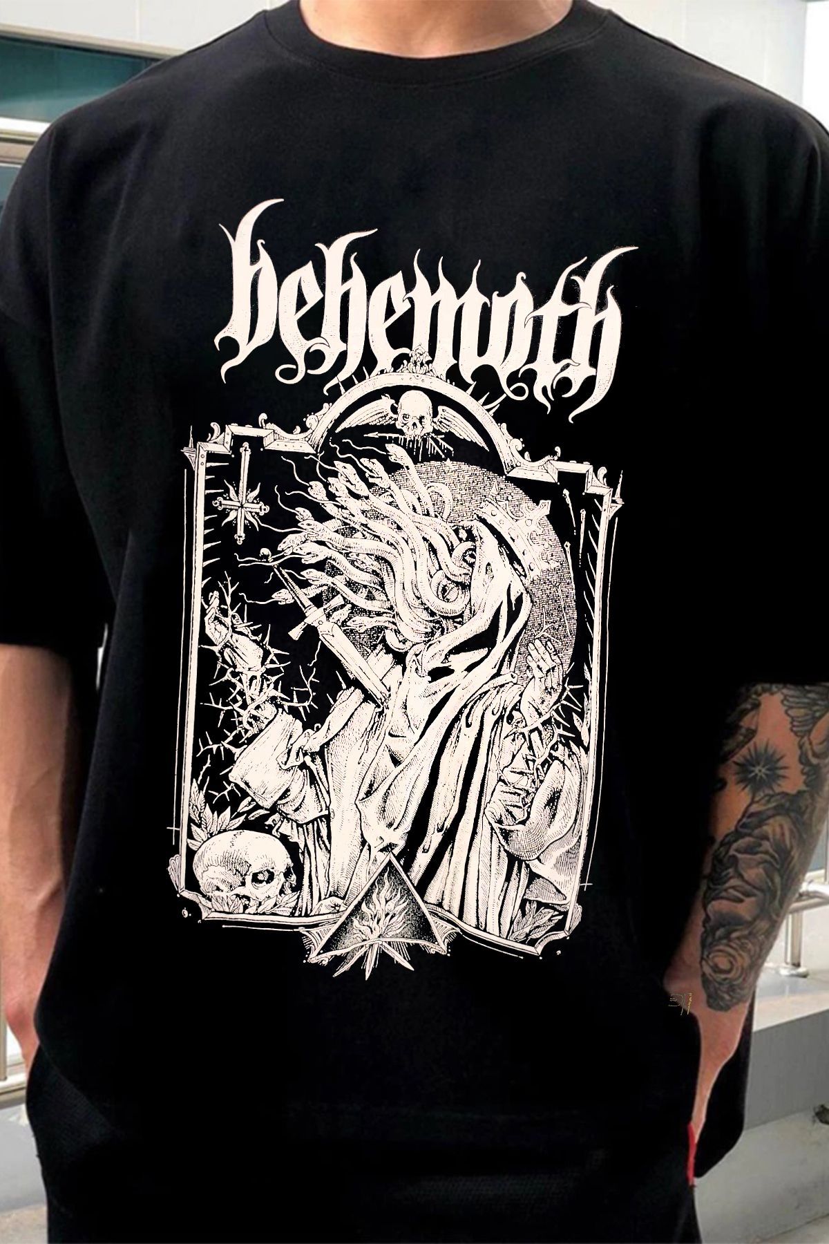 Freak Tshirt Siyah Renk Behemoth Baskılı Unisex oversize Kesim Metal-Rock T-shirt