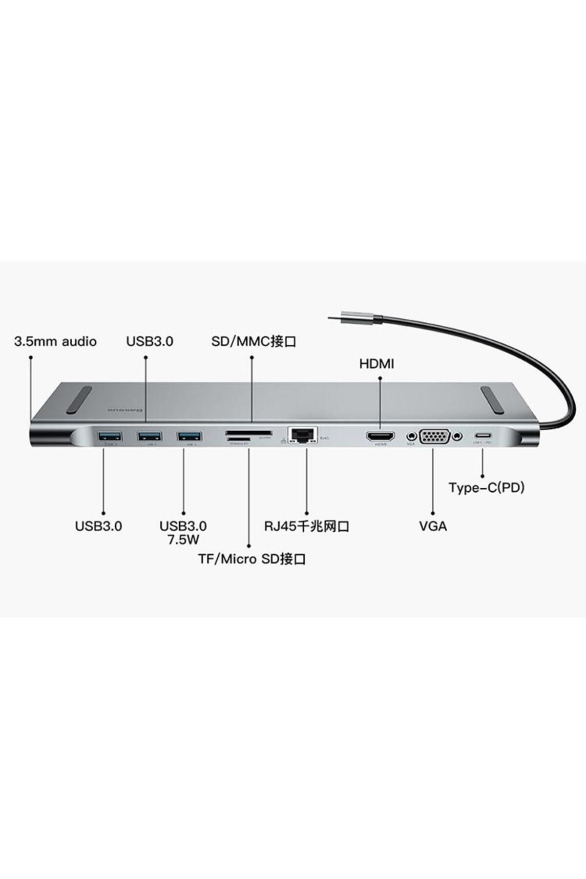 Baseus 10 In 1 Enjoyment Series Type-c Notebook Hub Adapter Gray (PD/HDMI/VGA/RJ45/SD/USB*3) Adaptör