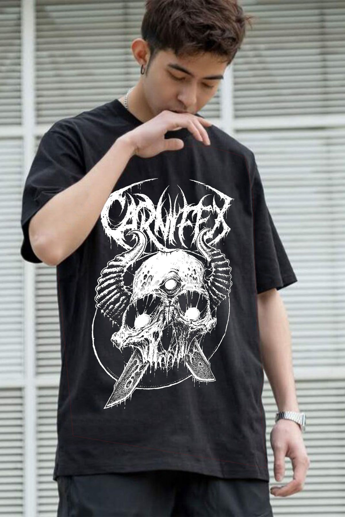 Freak Tshirt Siyah Renk Carnifex Baskılı Unisex oversize Kesim Metal-Rock T-shirt