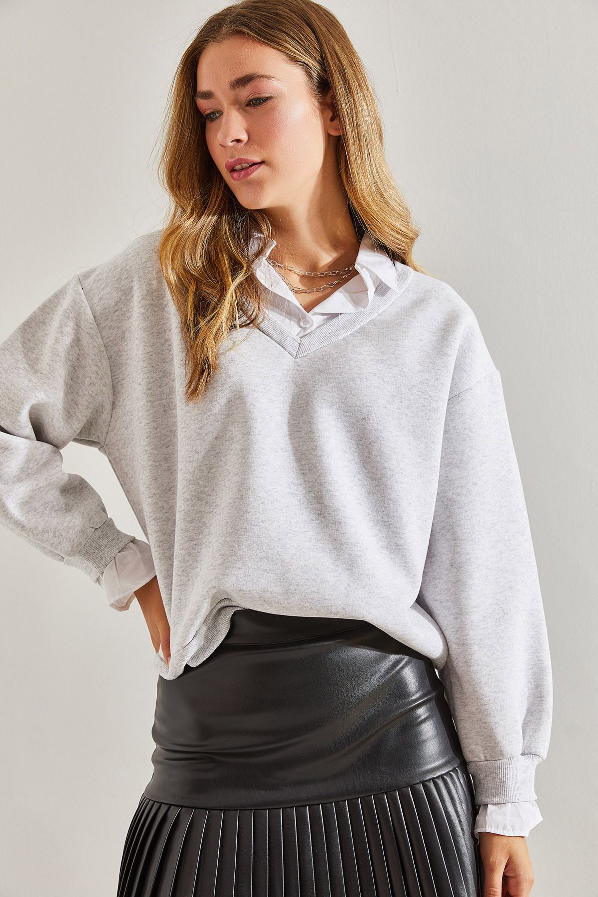 Bianco Lucci Kadın Yaka Gömlek Desenli Oversize Üç İplik Sweatshirt