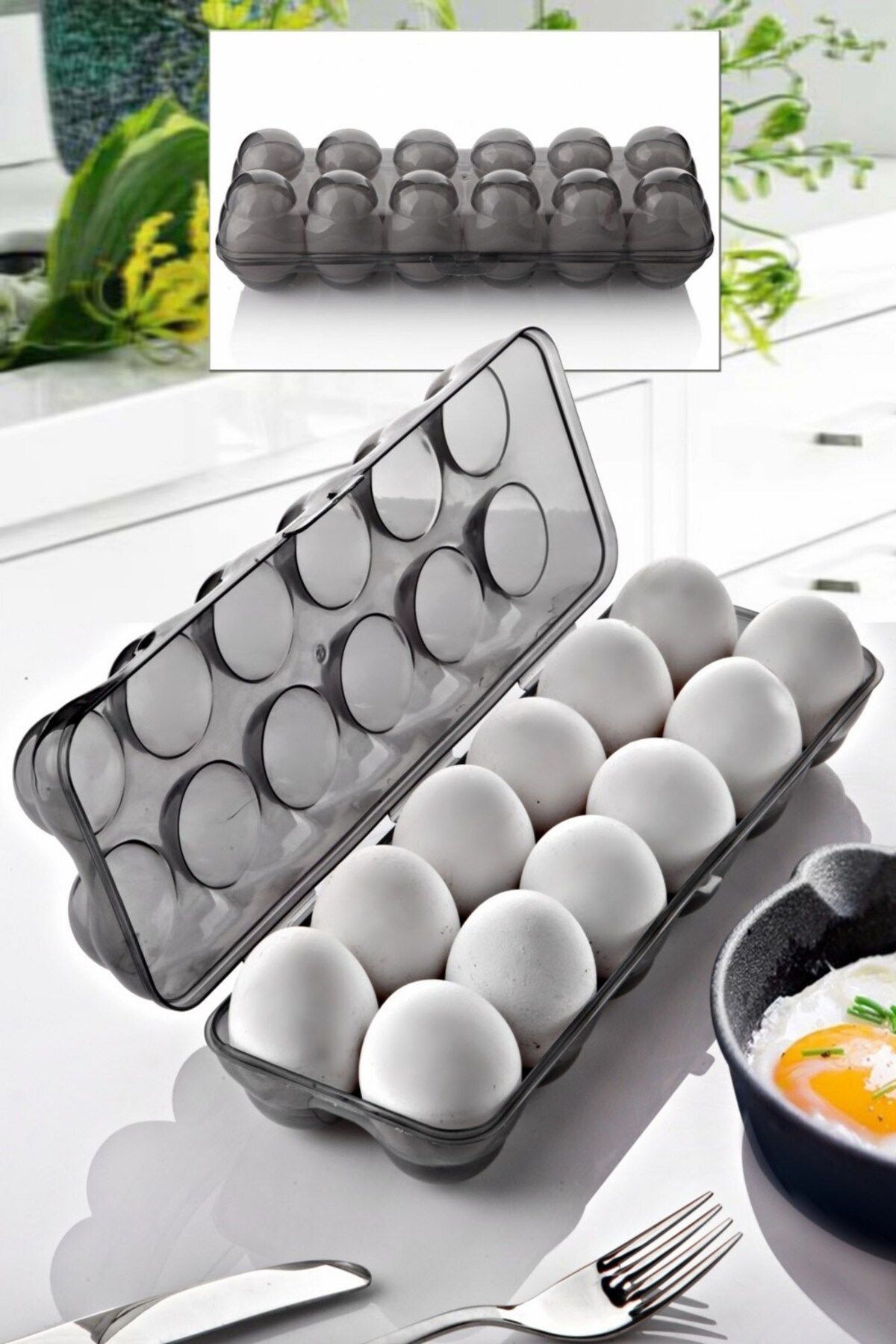BİODATA 12'li Yumurta Saklama Kutusu Yumurta Organizeri Buzdolabı Yumurtalık Düzenleyici Şeffaf-antrasit