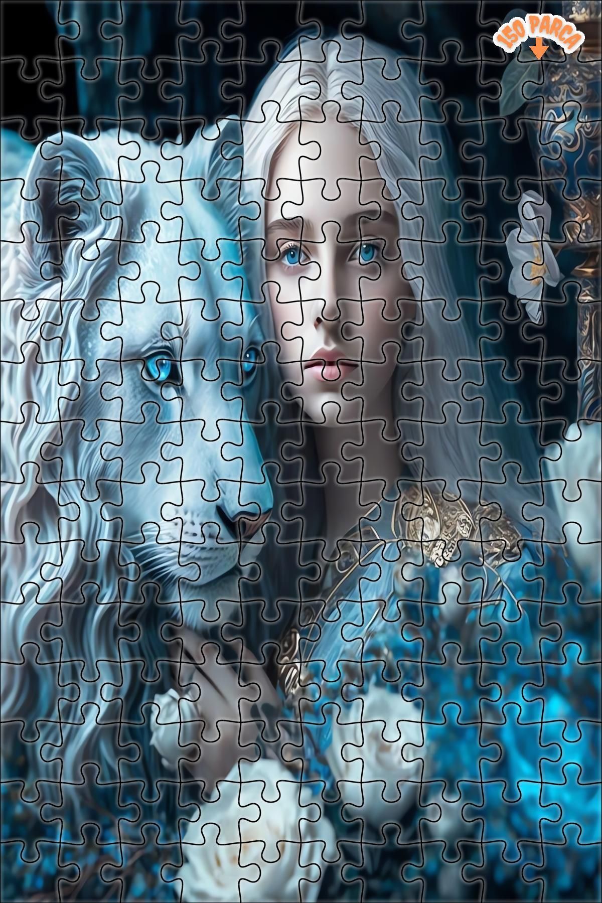 Teona Ahşap Kadın Ve Aslan Modern Sanat Dekoratif Çift Katlı Çerçeveli Asılabilir Ahşap Puzzle 150 PARÇA 20X30