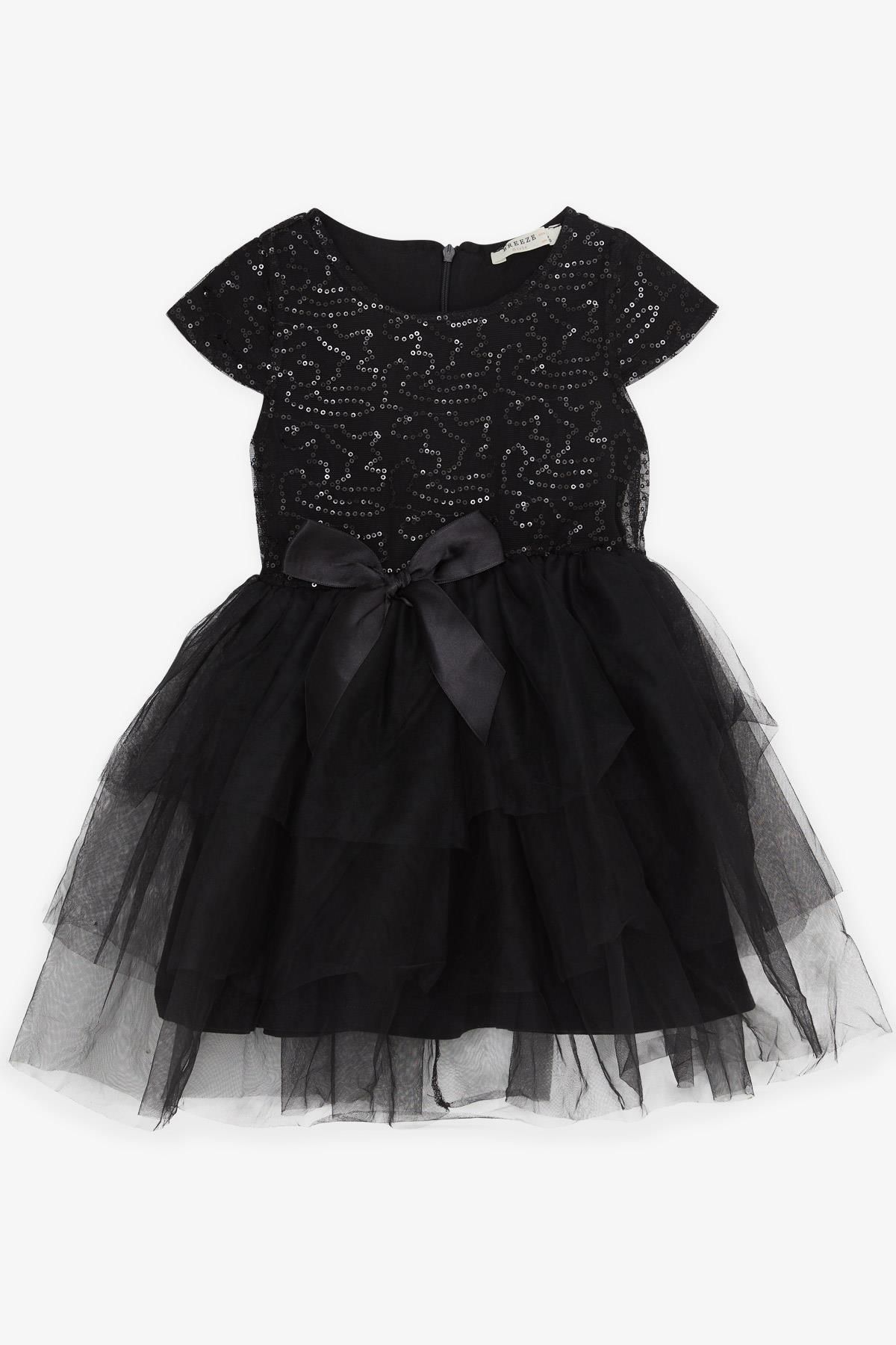 Breeze Kız Çocuk Elbise Fiyonklu Pullu Tüllü Siyah (5-10 YAŞ)