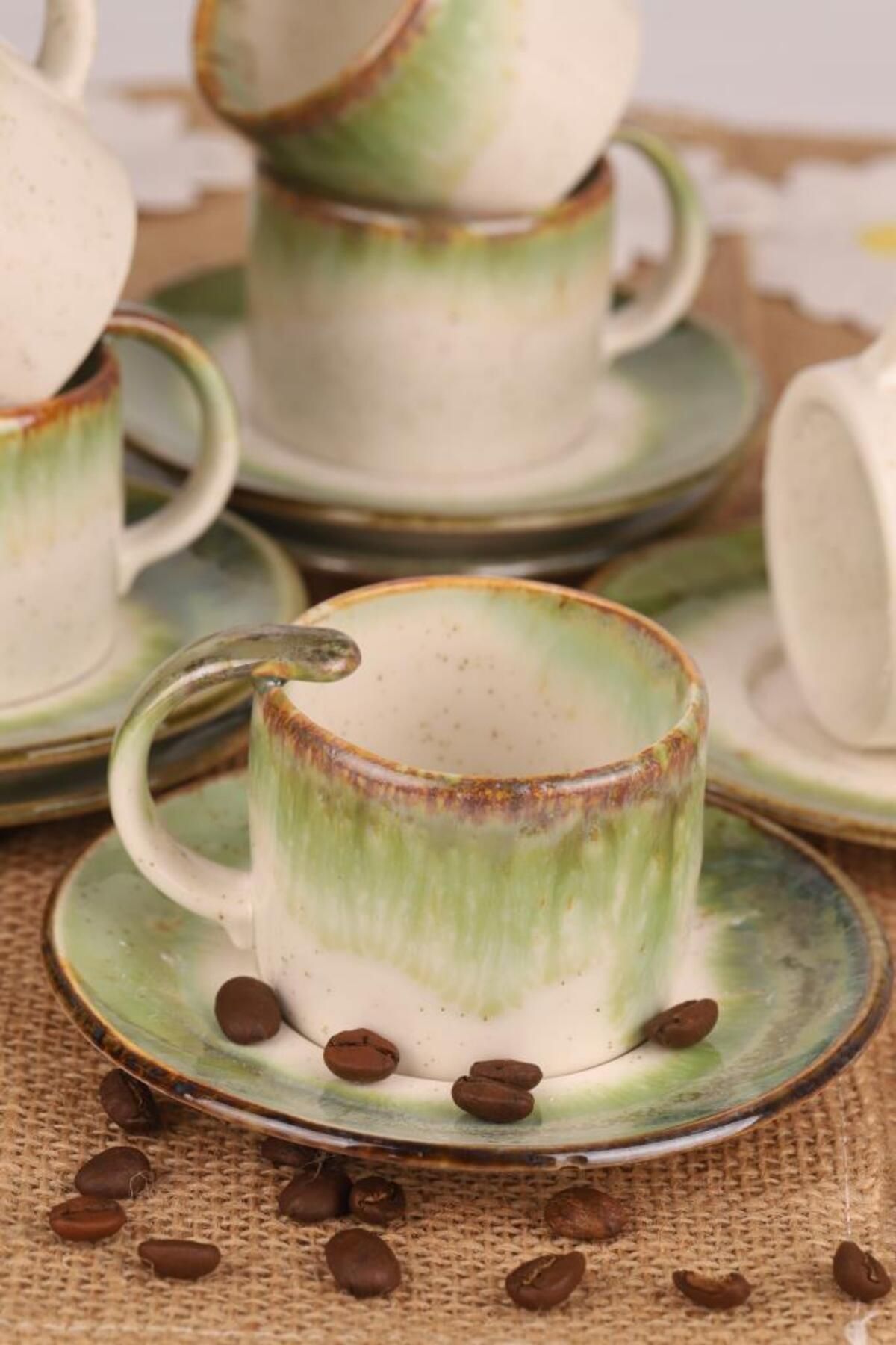 Atbyhome Jasmine 6 Kişilik Porselen Kristal Kahve Fincan Takımı Yeşil