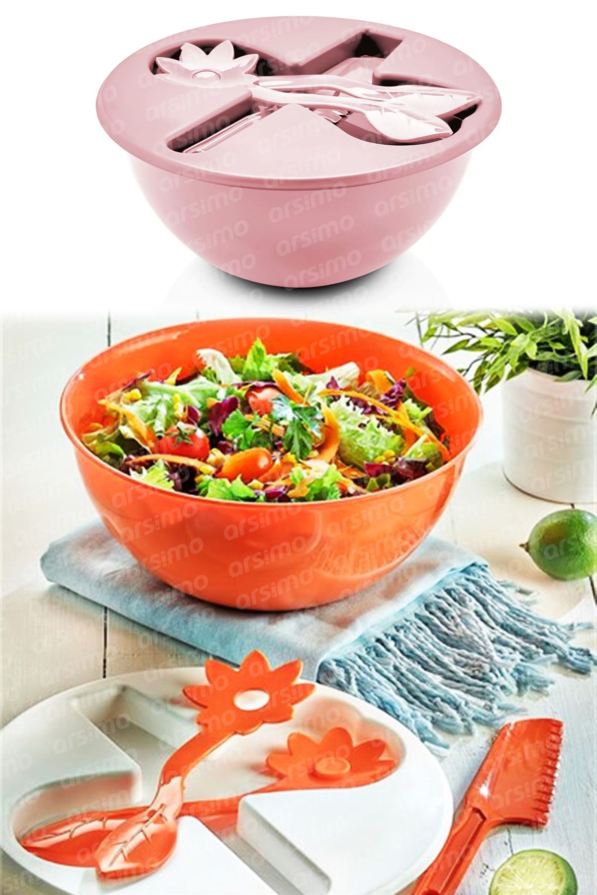 Arsimo 5 Parça Salata Servis Seti | Salata Yapma Servis Seti | Saklama Karıştırma Kabı Kaşık Bıçak Takımı