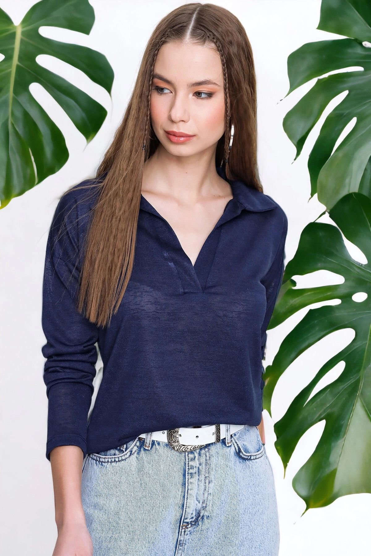 New Laviva Kadın Lacivert Basic Stil Polo Yaka Uzun Kollu Keten Bluz Sweatshirt