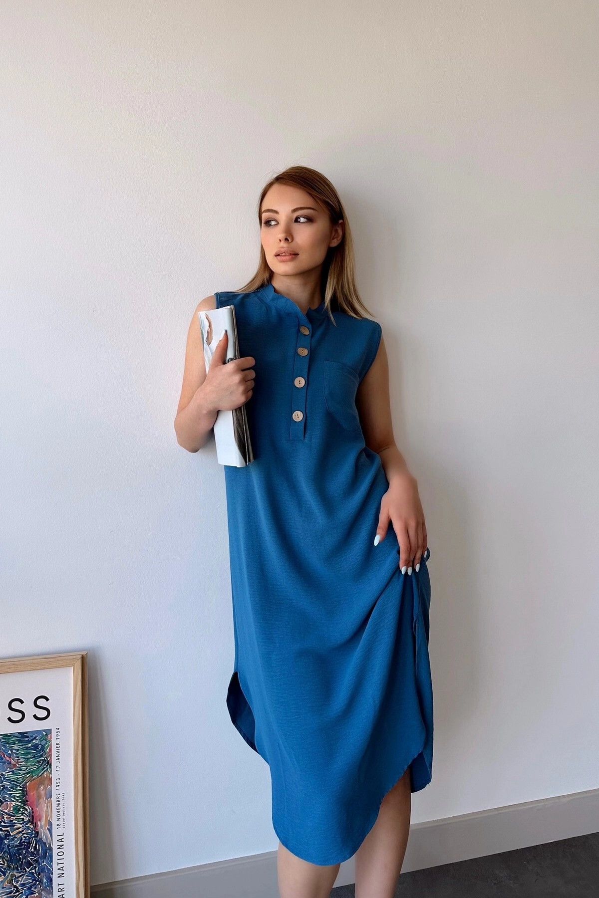 New Laviva Kadın Indigo Kolsuz, Dik Yaka, Düz Renk Desen, Tek Cepli, A-line Kesim, Düğme Detaylı Midi Elbise