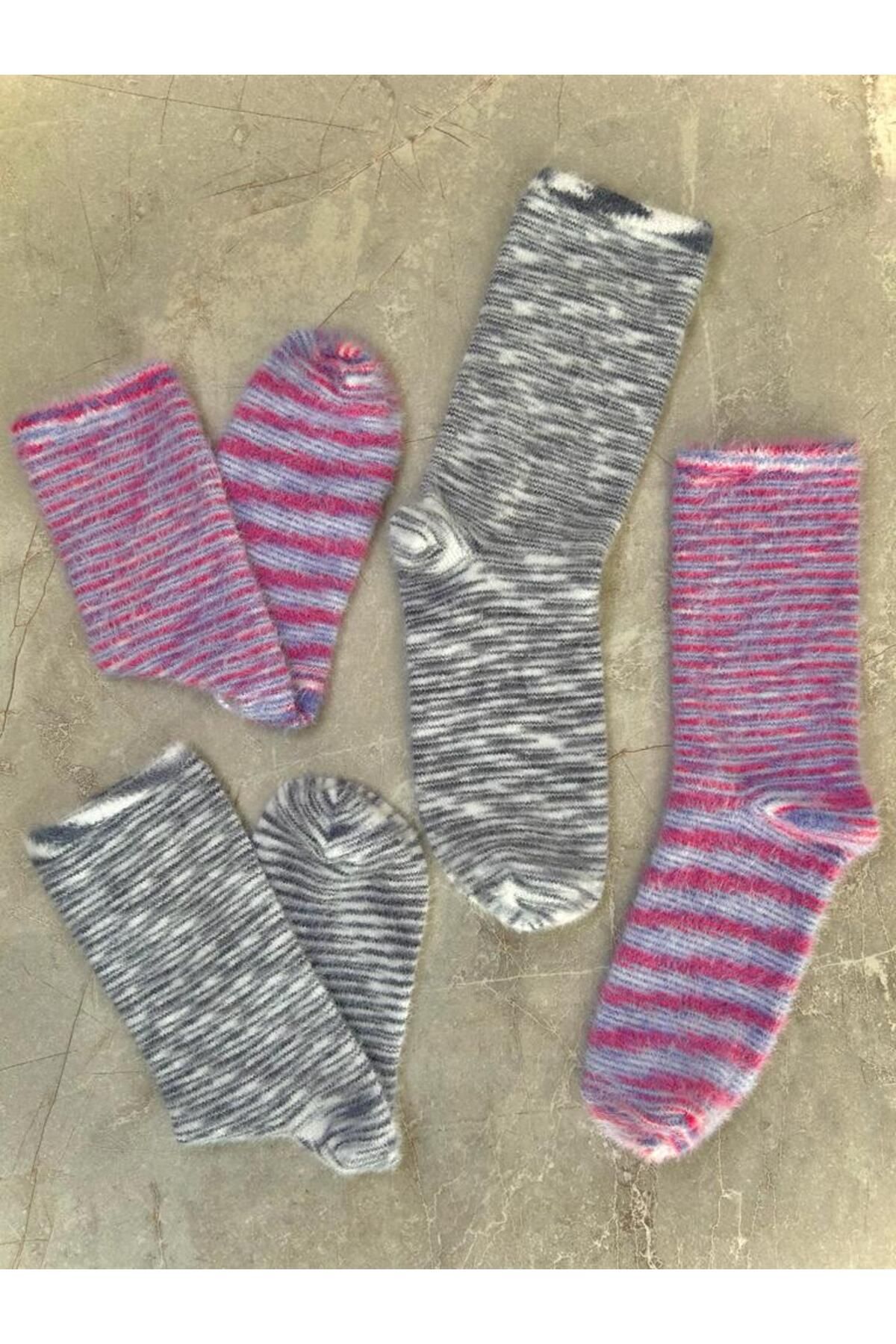 Sky Socks 2'li Peluş Kışlık Yumuşak Yünlü Degrade Kokulu Gri-pembe Uyku Çorabı