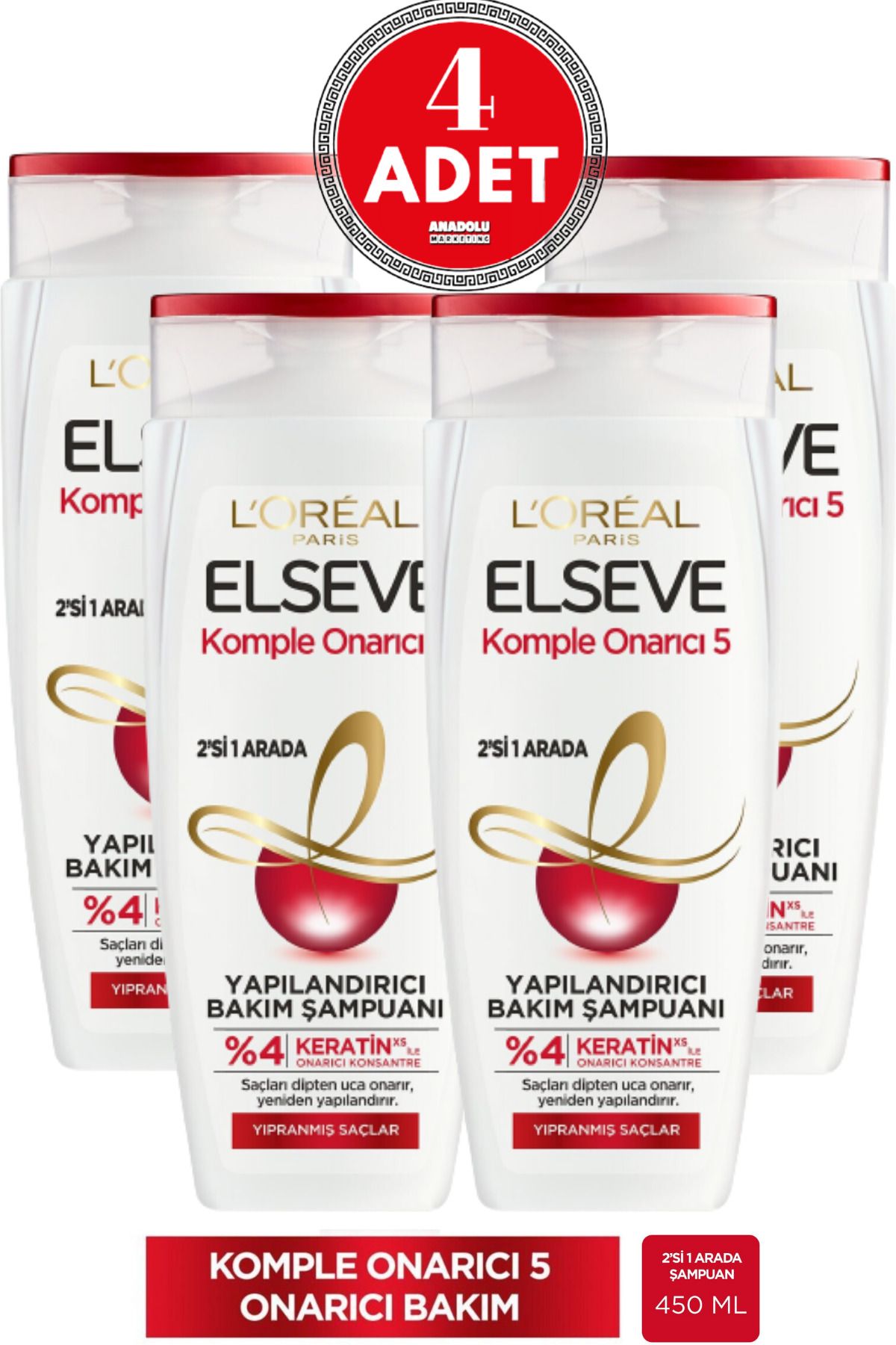 Elseve L'Oréal Paris Elseve Komple Onarıcı 5 Yapılandırıcı Bakım Şampuanı 2'si 1 Arada 450 ml 4 Adet