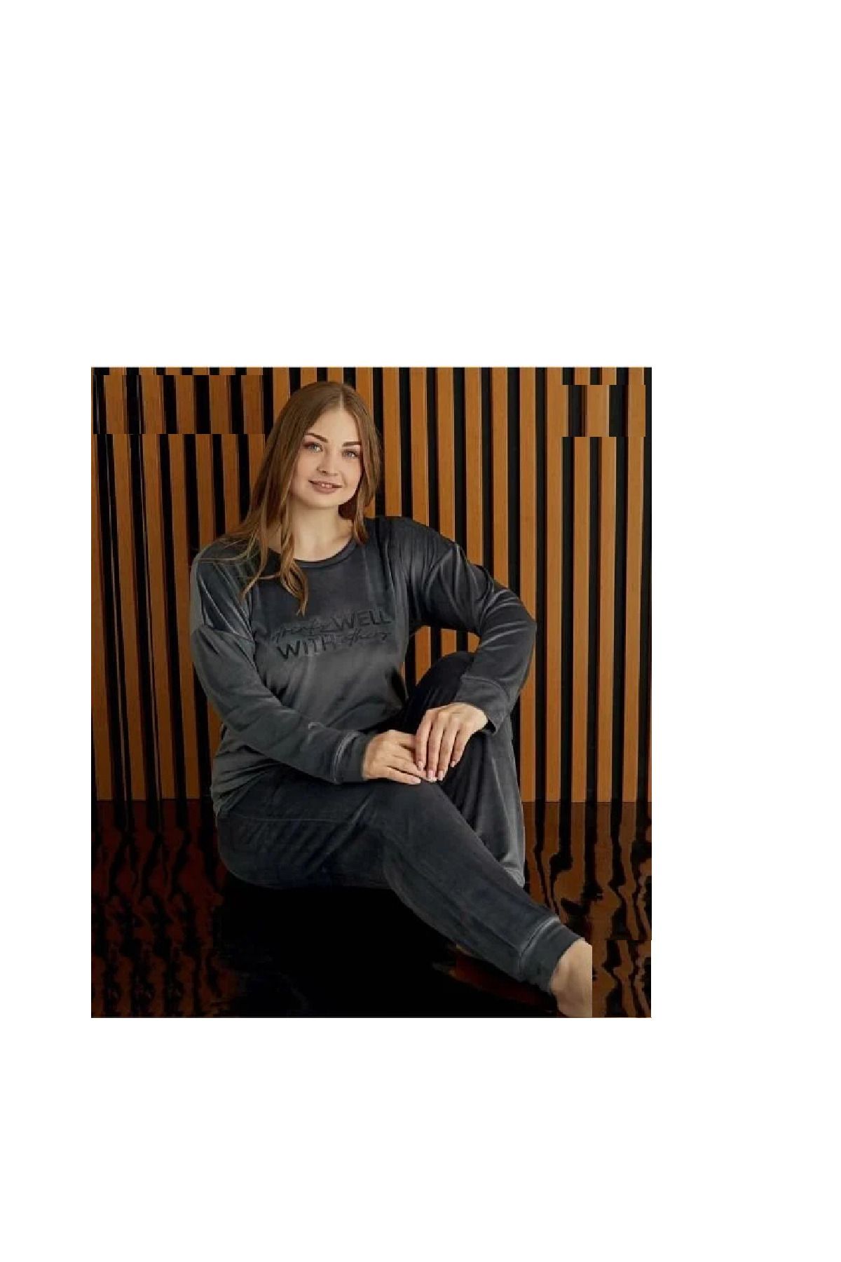 Pijamoni Ekstra Kaliteli Battal Fransız Kadife Uzun Kol Kışlık esnek elastanlı dokuma Pijama Takımı