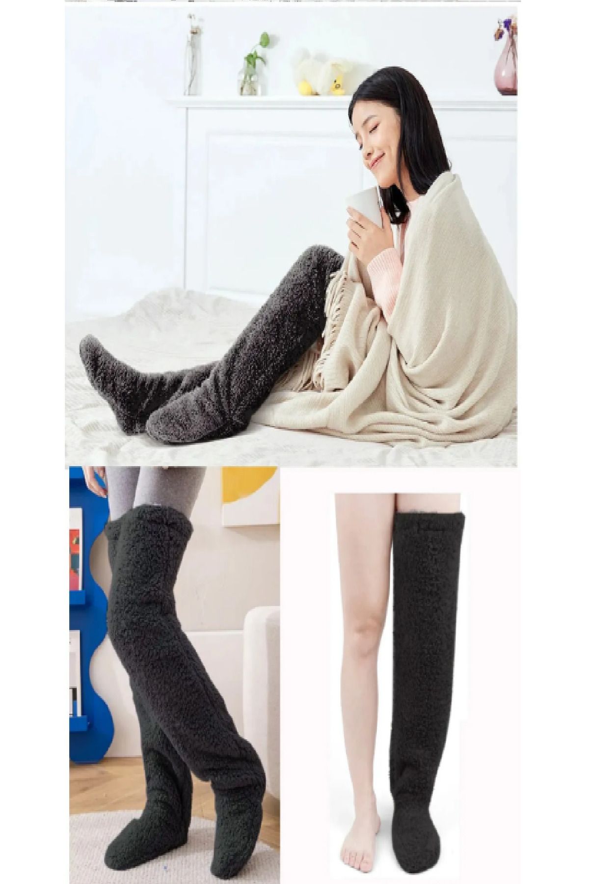 Pababo Peluş Çorab Welsoft Diz Üstü Oda Çorabı Kışlık Uyku Çorabı Ayak Isıtıcı Uzun Çorap