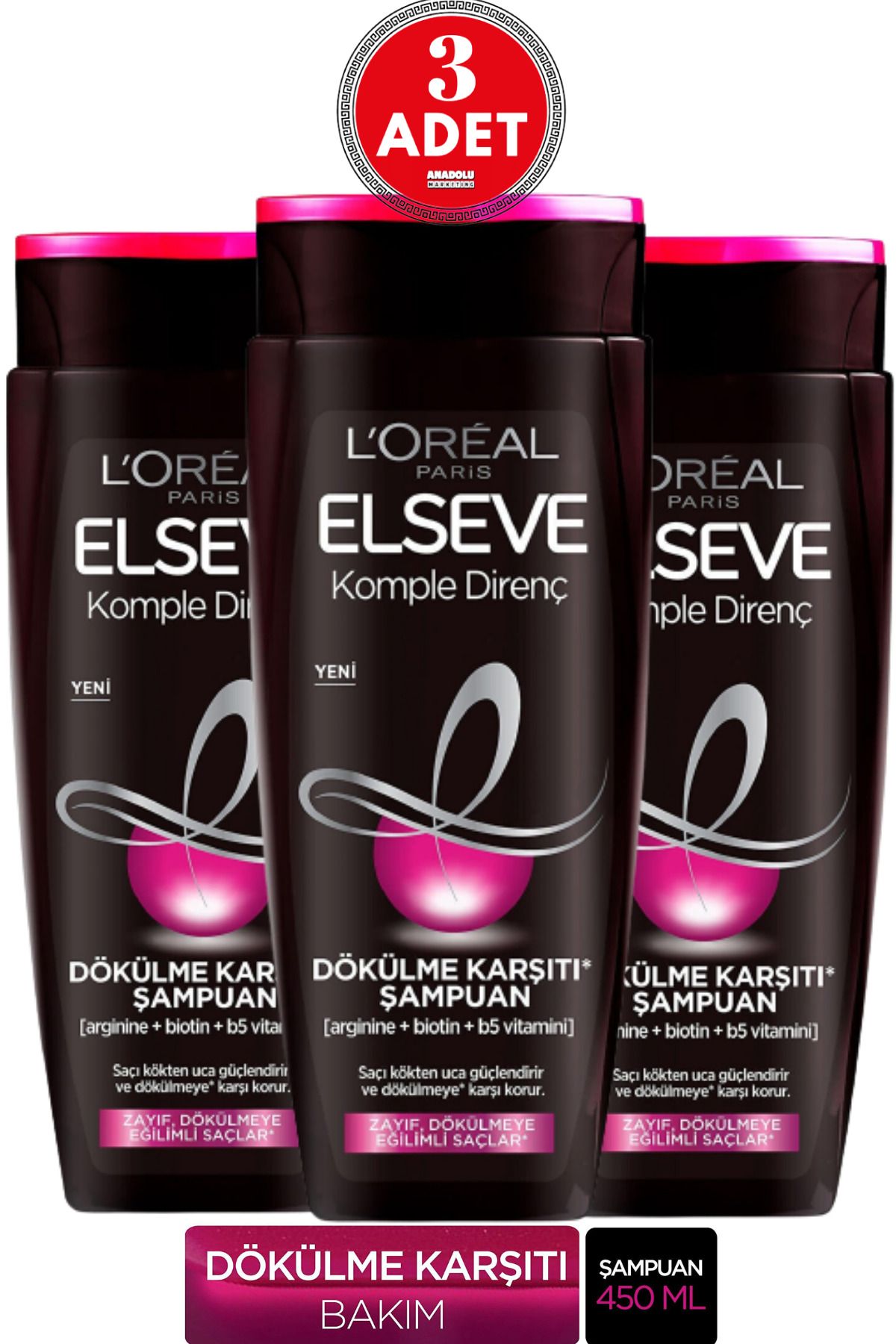Elseve L'Oréal Paris Elseve Arginine Direnç Dökülme Karşıtı Şampuan 450 ml 3 Adet