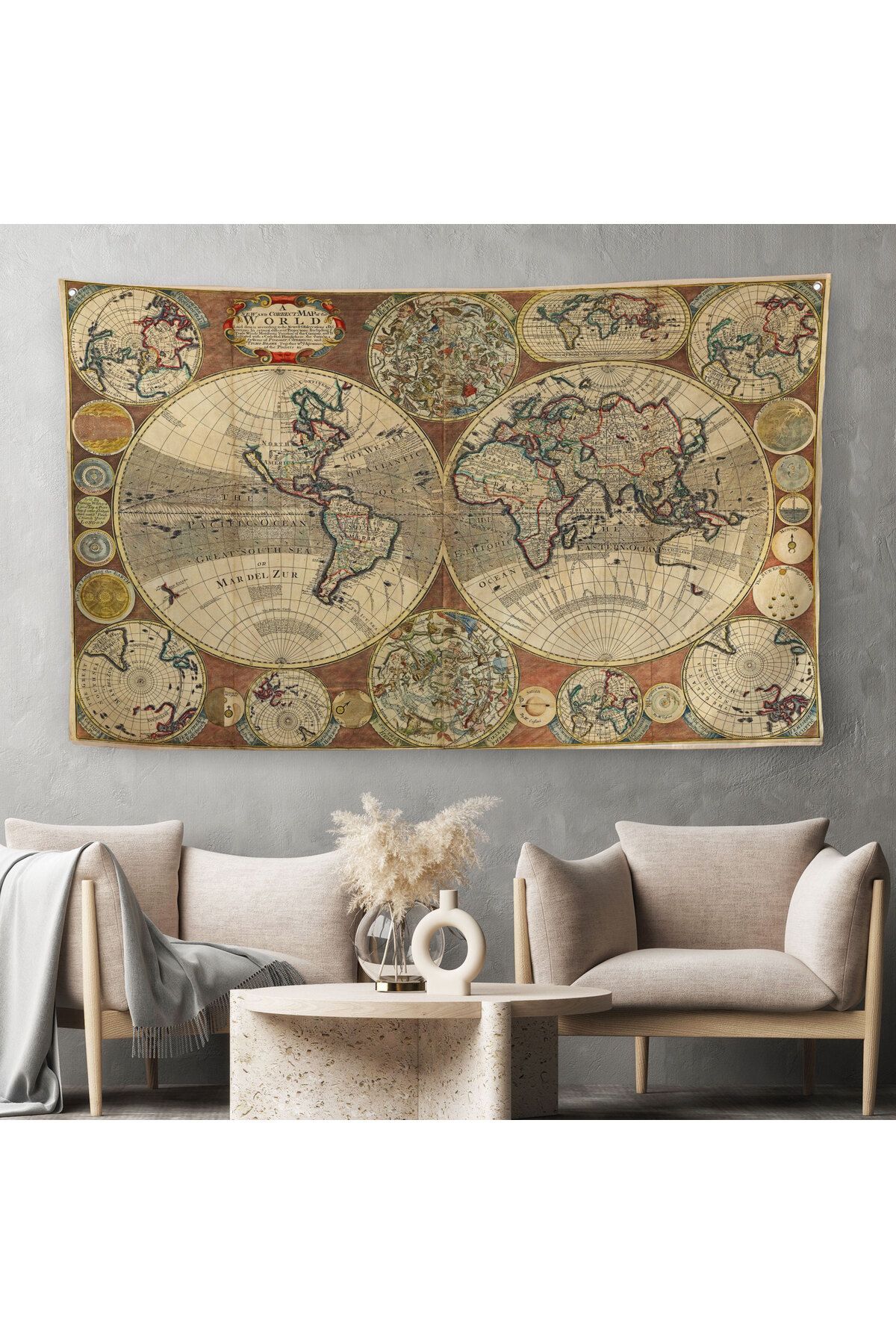 Harita Sepeti Duvar Örtüsü Eski Wintage Dünya Haritası Kaliteli Kanvas Duvar Halısı-4060