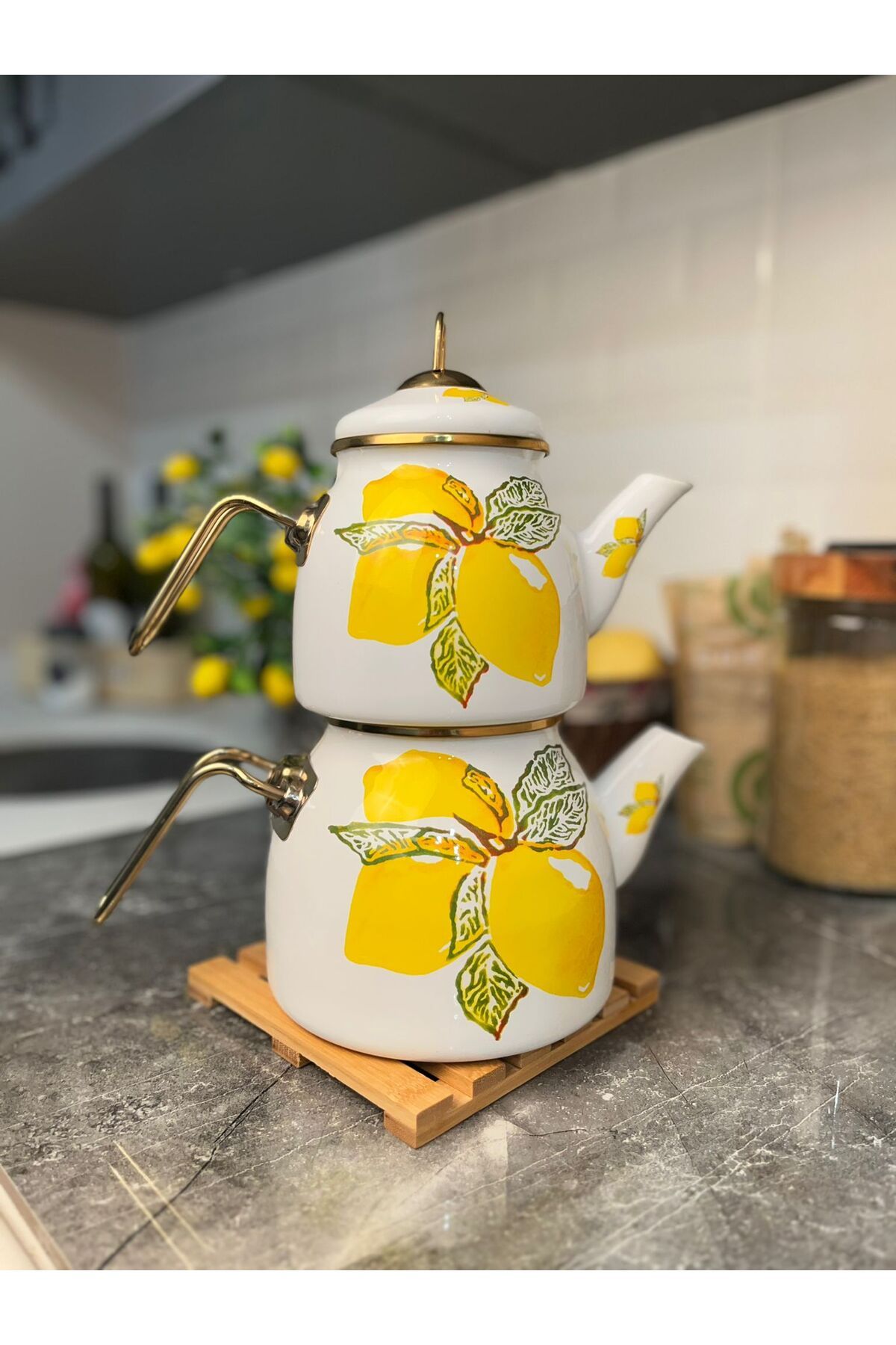Akkoyunlu home Limon Desenli Emaye Çaydanlık Takımı Sarı Emaye Çaydanlık