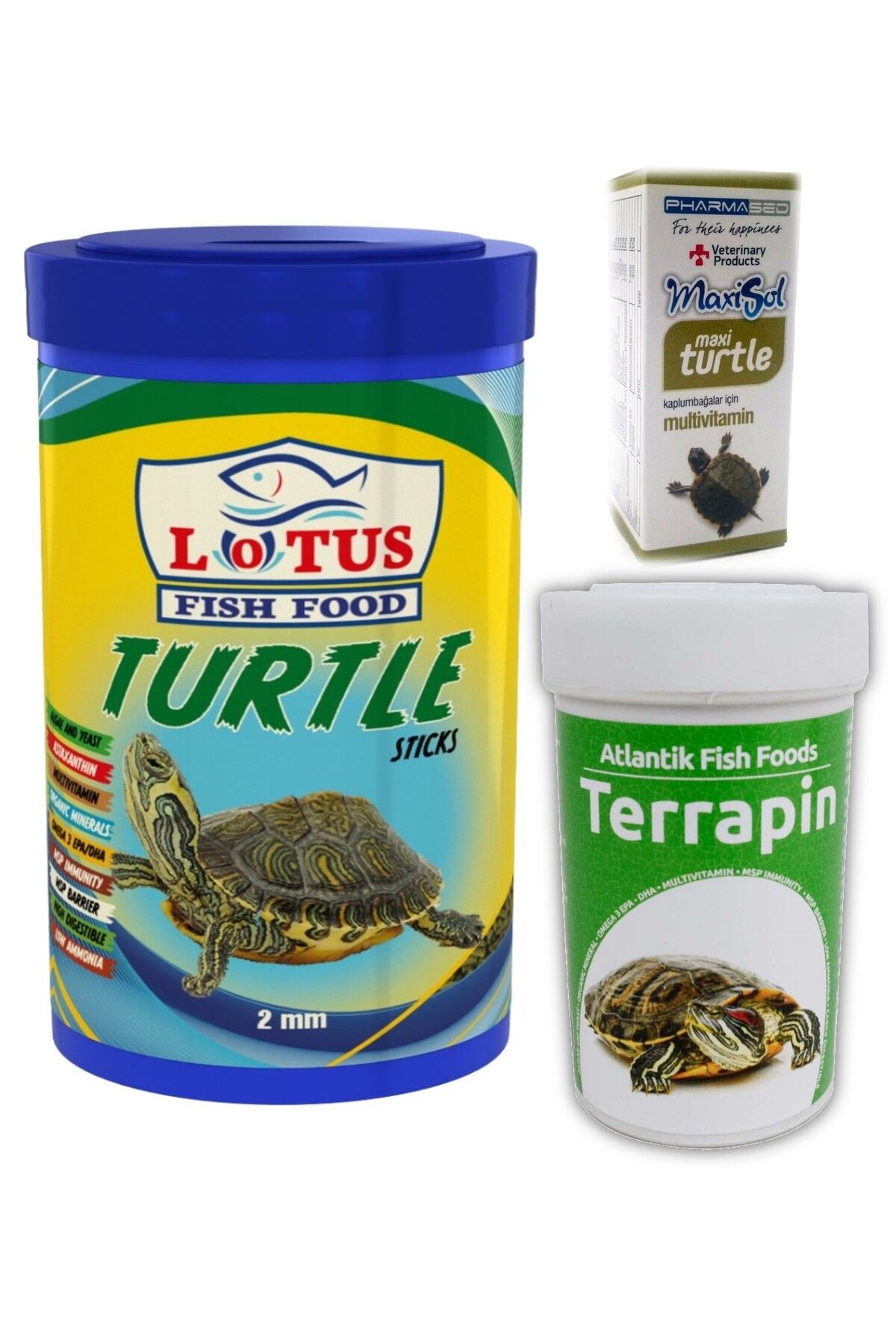 Lotus Kaplumbağa Yemi 1000ml, terrapin 100 ml Turtle Sticks, Multivitamin Seti