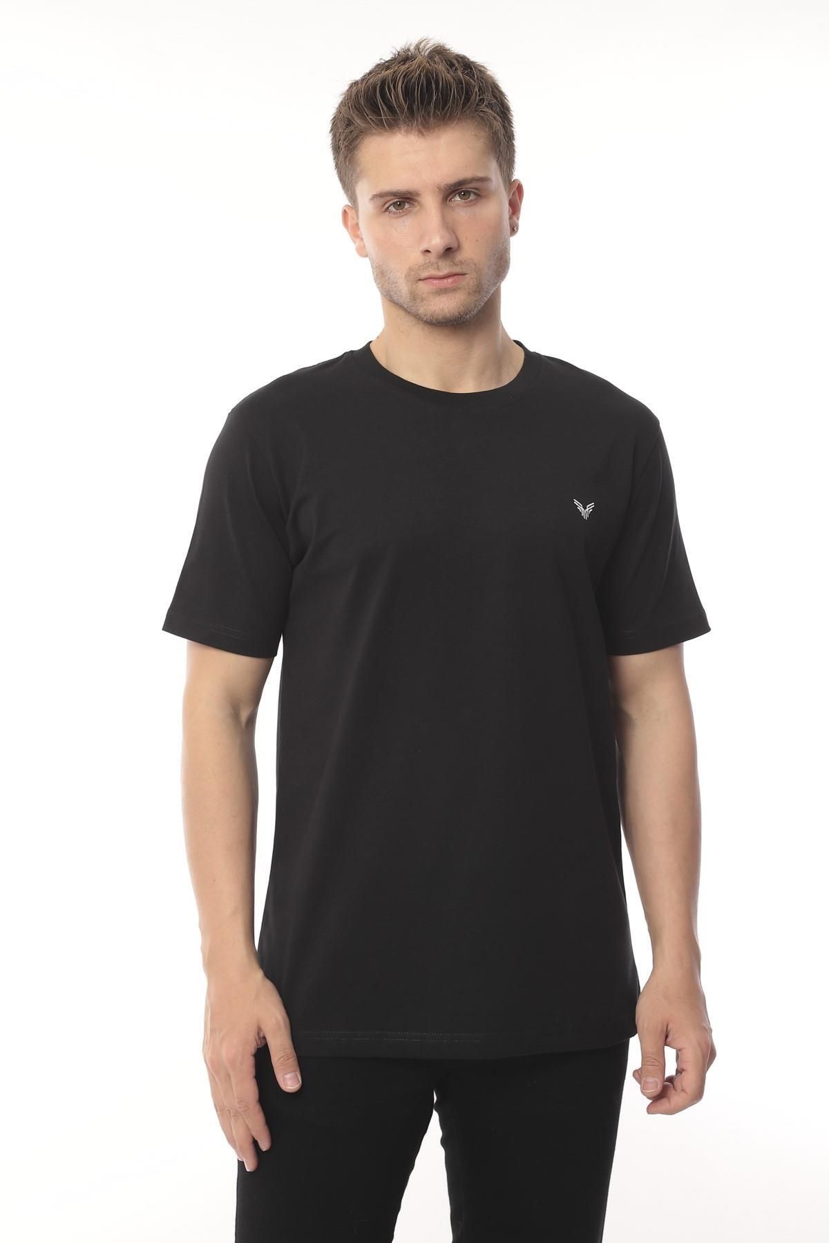 Fitmens Slim Fit Kısa Kol Nakışlı %100 Pamuklu T-shirt - Siyah
