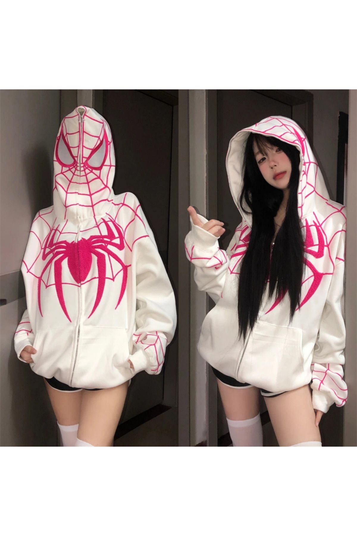 Touz Y2k Streetwear Spider Web Oversize Fermuarlı Beyaz Unisex Kapüşonlu Hırka