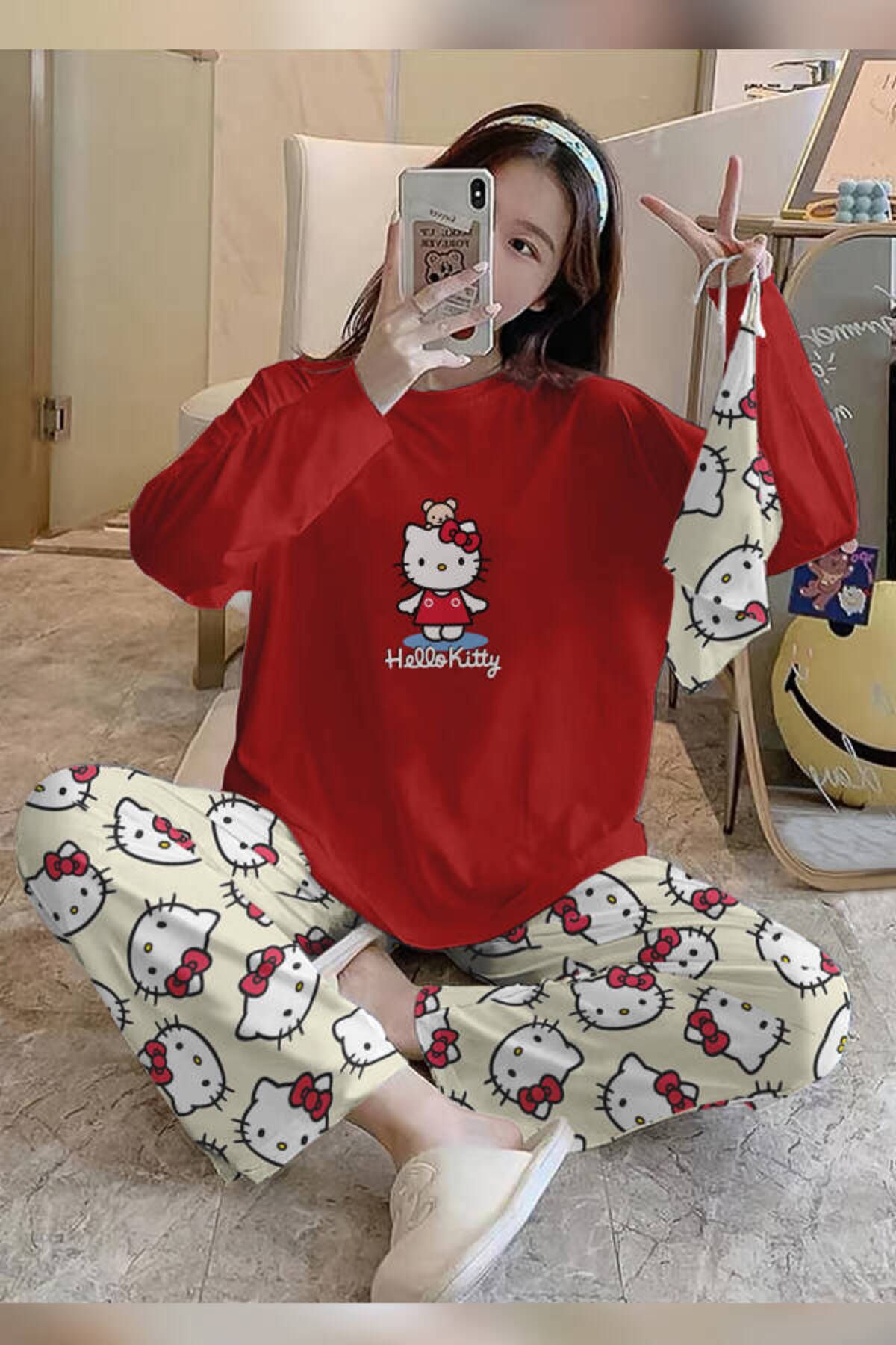 Pembishomewear Bahd Hello Kitty 2 Red Süpersoft Kadın Pijama Takımı 3421