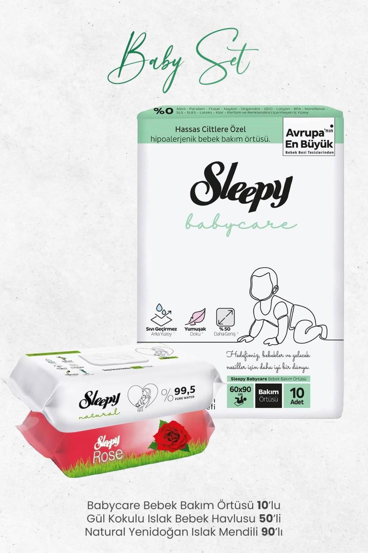 Sleepy Babycare Bebek Bakım Örtüsü 10'lu, Gül Kokulu 50 Yaprak Ve Natural Yenidoğan 90'lı Islak Mend