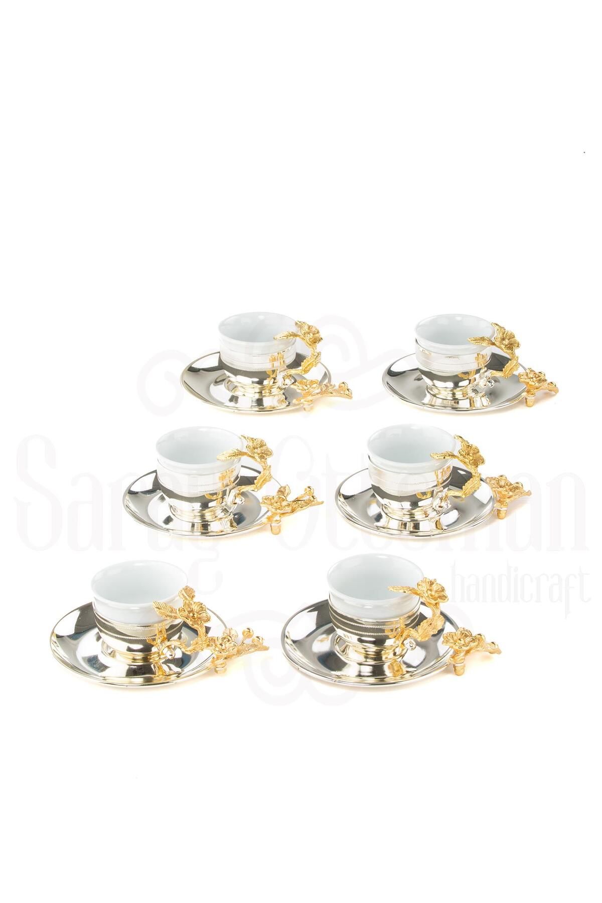 Saray Ottoman Bakır Kahve Fincanı Porselen Kahve Fincanı Altın Japon Gülü Çizgili 6'lı Kahve Fincanı Nikel