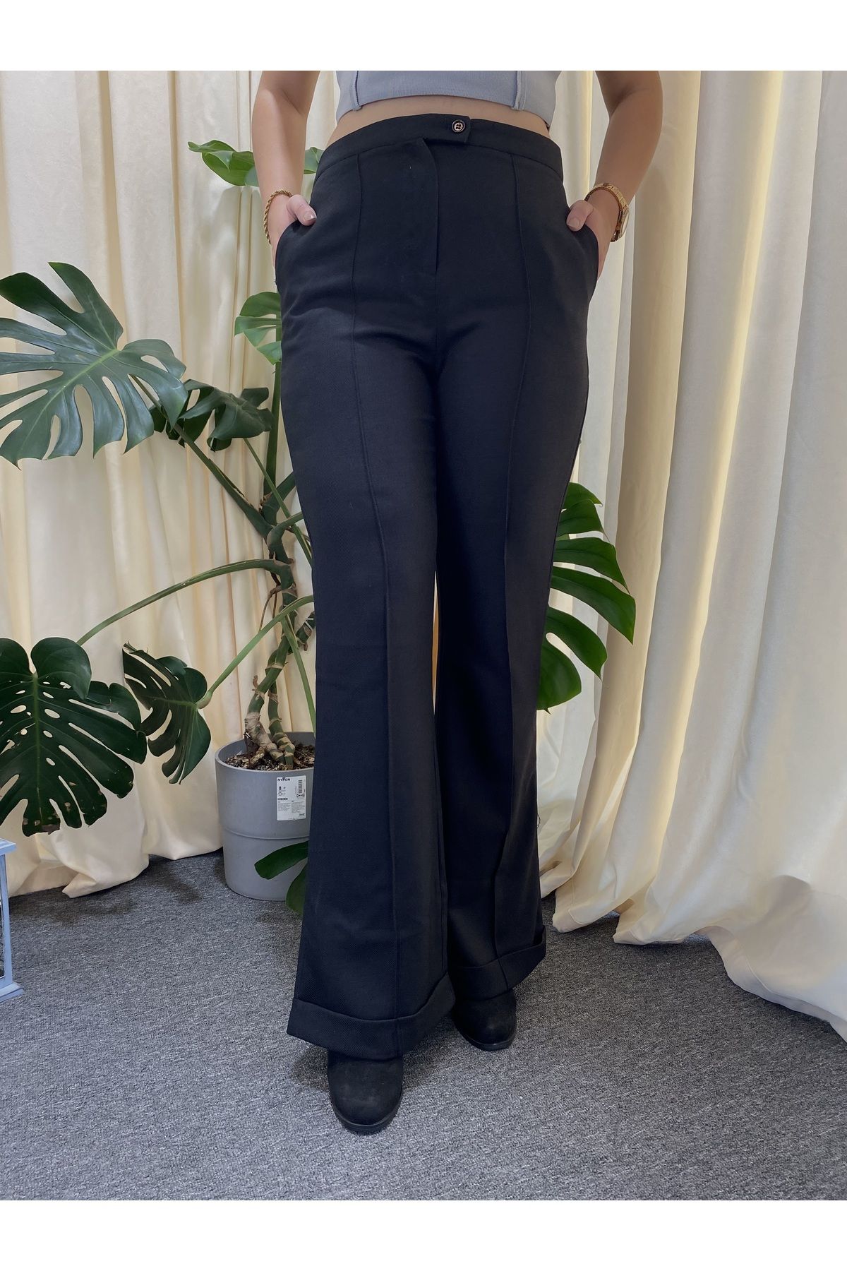 Patiska Kadın Siyah Double Paça Önden Dikişli İspanyol Kumaş Pantolon
