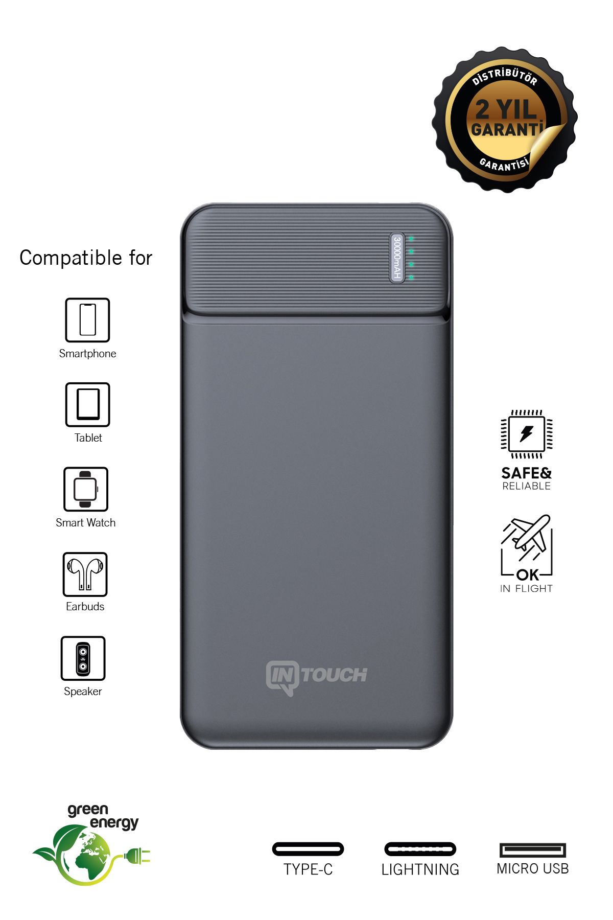 İntouch 10.000 Mah Max-ın Slim Powerbank, Siyah Taşınabilir Şarj Cihazı Typec