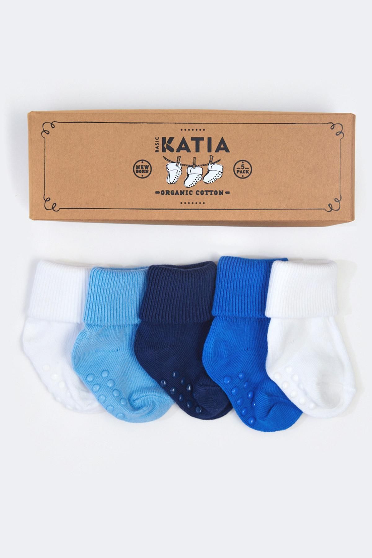Katia & Bony Renkli Yenidoğan Organik 5 Li Bebek Çorap Beyaz/mavi