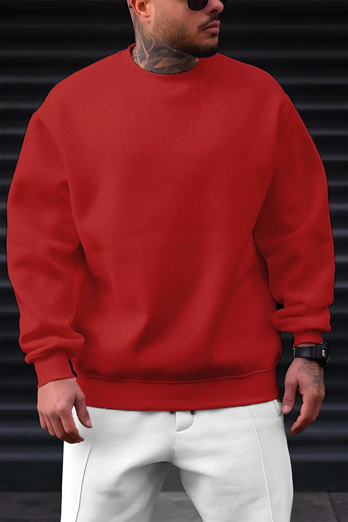 Millionaire Erkek Kırmızı Basic 0 Sıfır Yaka Baskısız Düz Oversize Salaş Bol Kesim Polar Sweatshirt