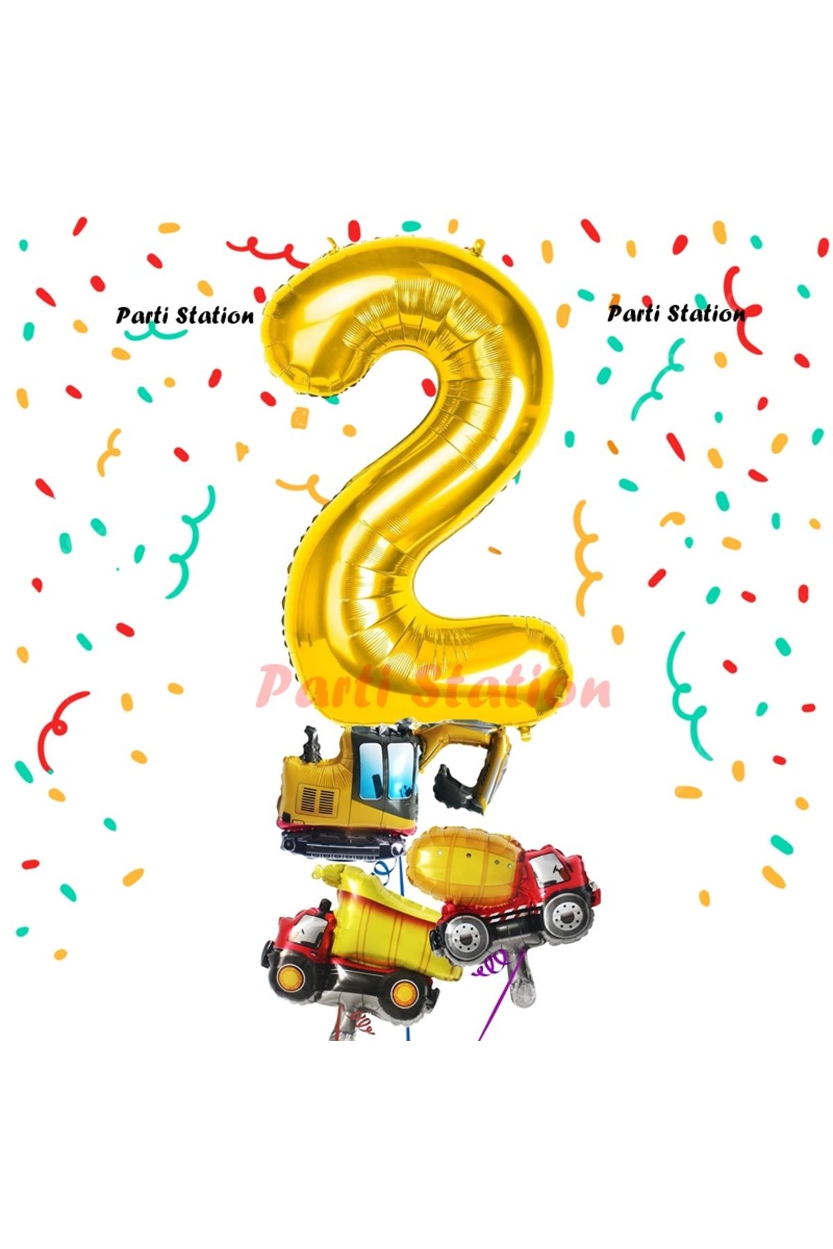 Parti Station Altın Renk Rakam Balon Küçük Boy İnşaat Balonlu 2 Yaş İnşaat Kamyon Konspet Doğum Günü Balon Set