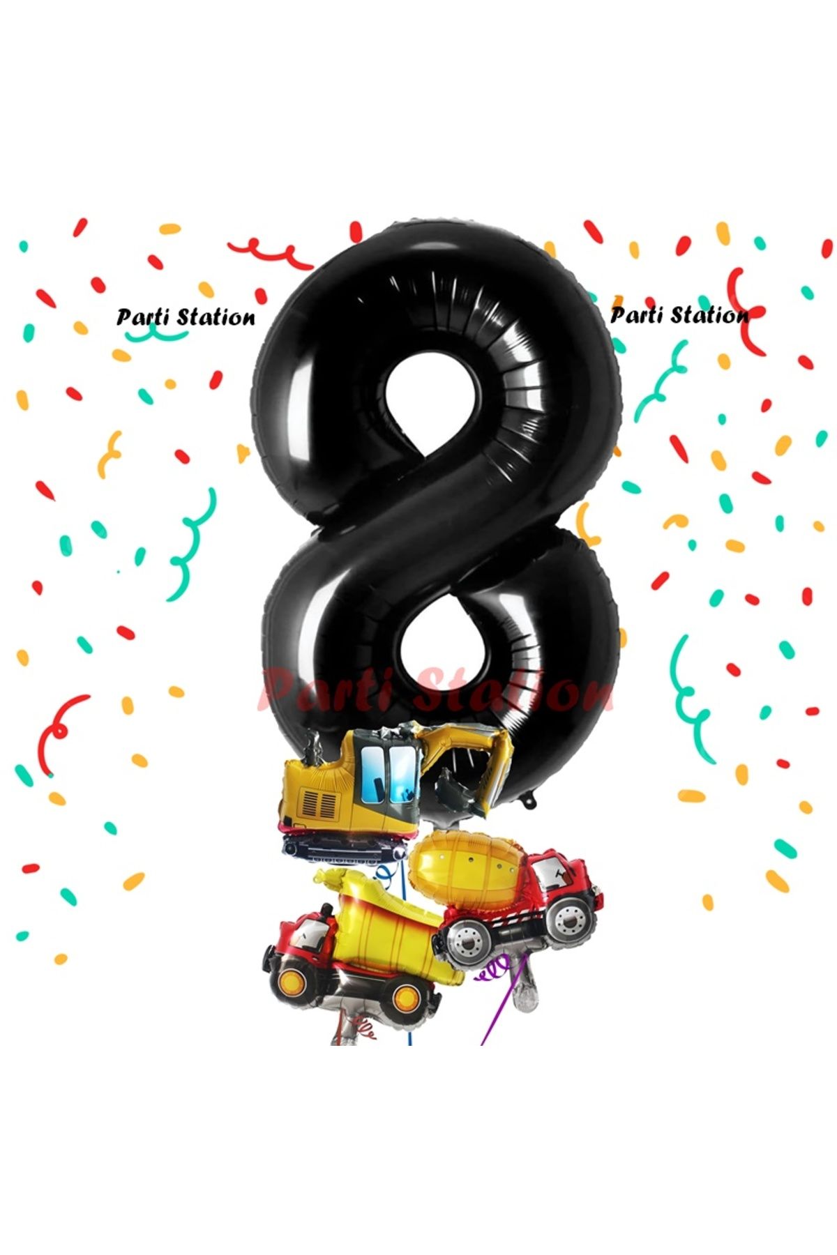 Parti Station Siyah Renk Rakam Balon Küçük Boy İnşaat Balonlu 8 Yaş İnşaat Kamyon Konspet Doğum Günü Balon Set