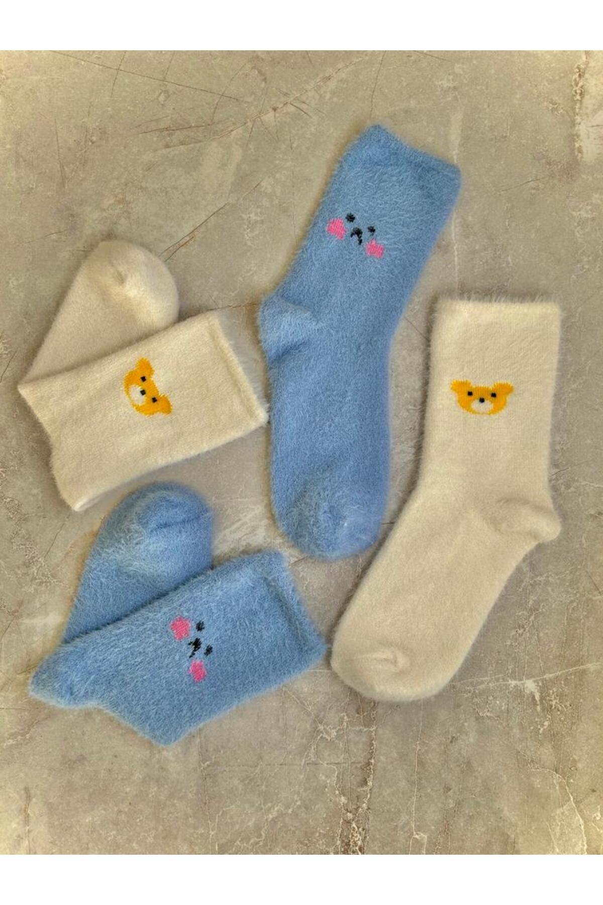 Sky Socks 2'li Peluş Kışlık Yumuşak Yünlü Desenli Kokulu Mavi-Beyaz Uyku Çorabı