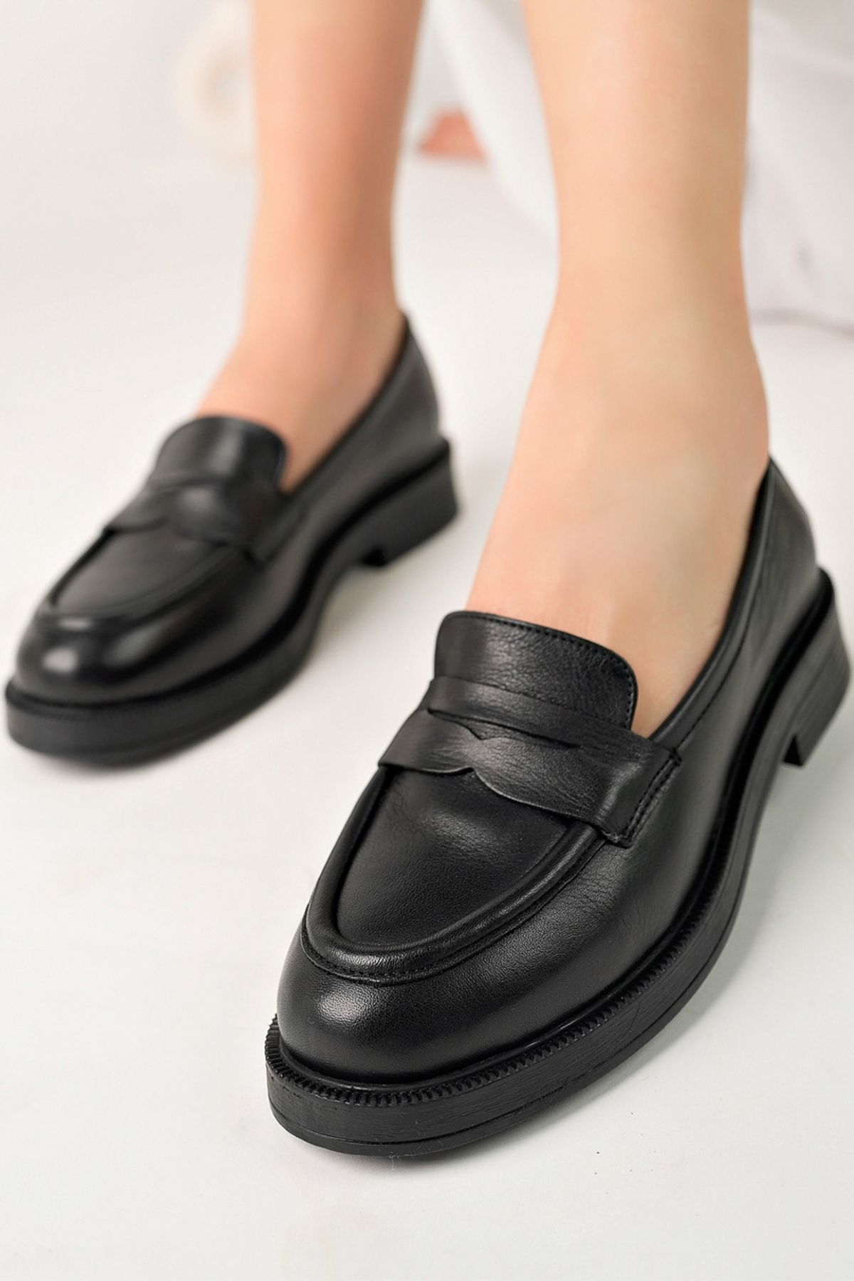 GRADA Hakiki Deri Siyah Kadın Loafer Ayakkabı Deri Kadın Makosen Ayakkabı Gerçek Deri Loafer Ayakkabısı
