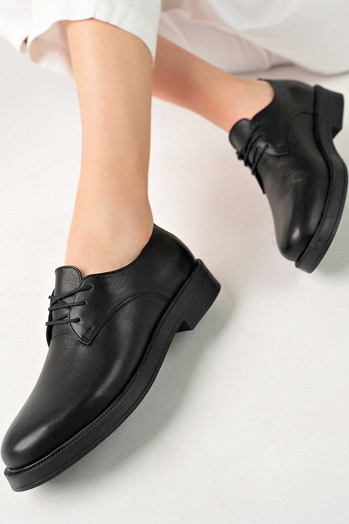 GRADA Hakiki Deri Kadın Oxford Ayakkabı Siyah Oxford Bağcıklı Kadın Casual Ayakkabı Kolej Ayakkabısı