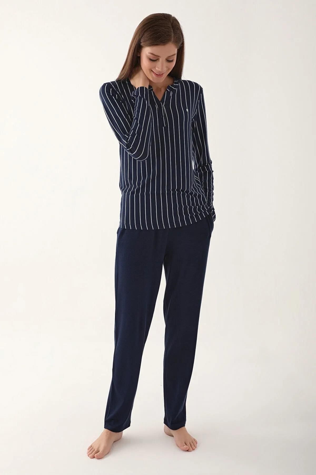 Pierre Cardin Kadın Lacivert Çizgili Pijama Takım, Büyük Beden Kadın Pijama Takım