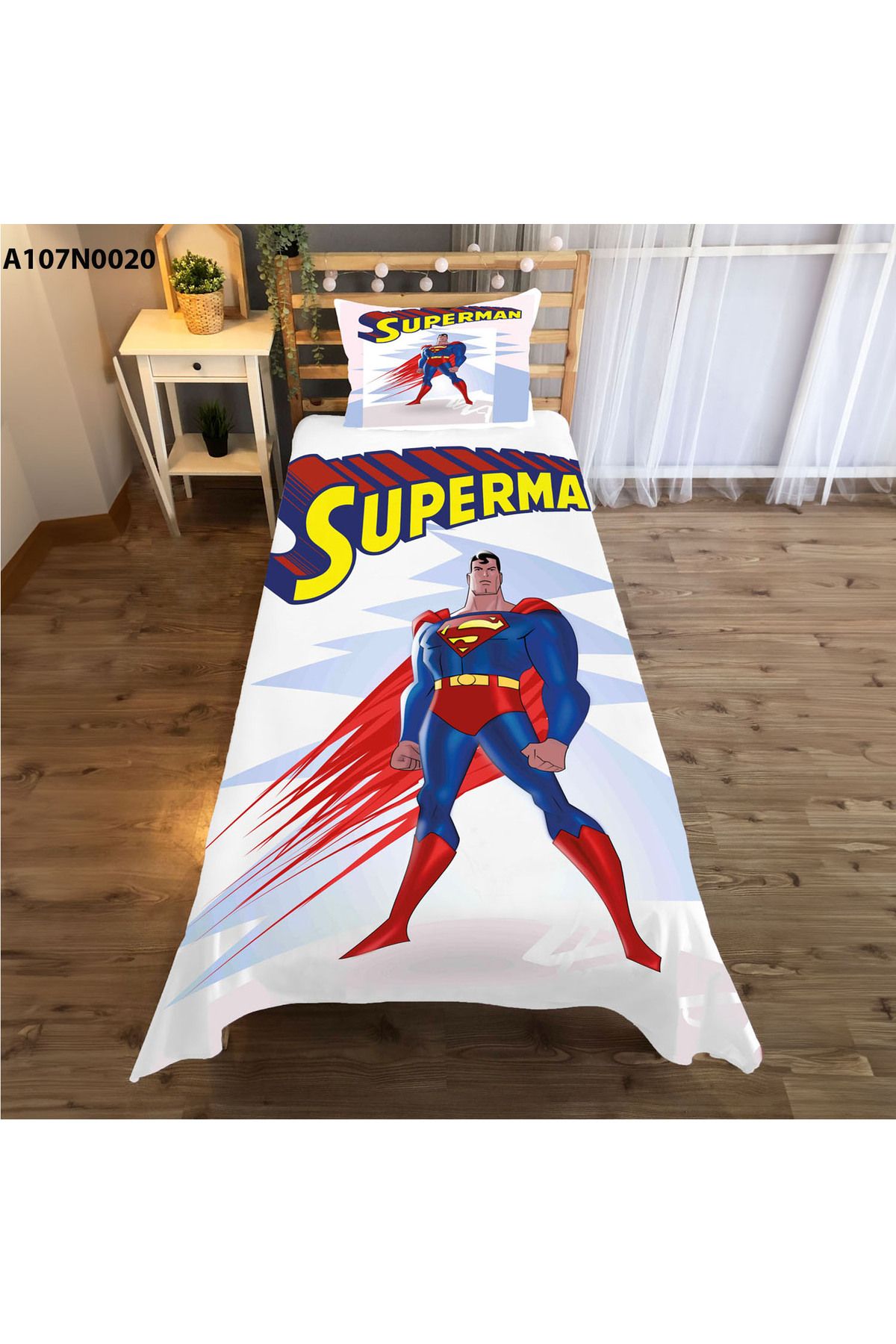 A2ZTR Superman Desenli Tek Kişilik Yatak Örtüsü ve Yastık kılıfı