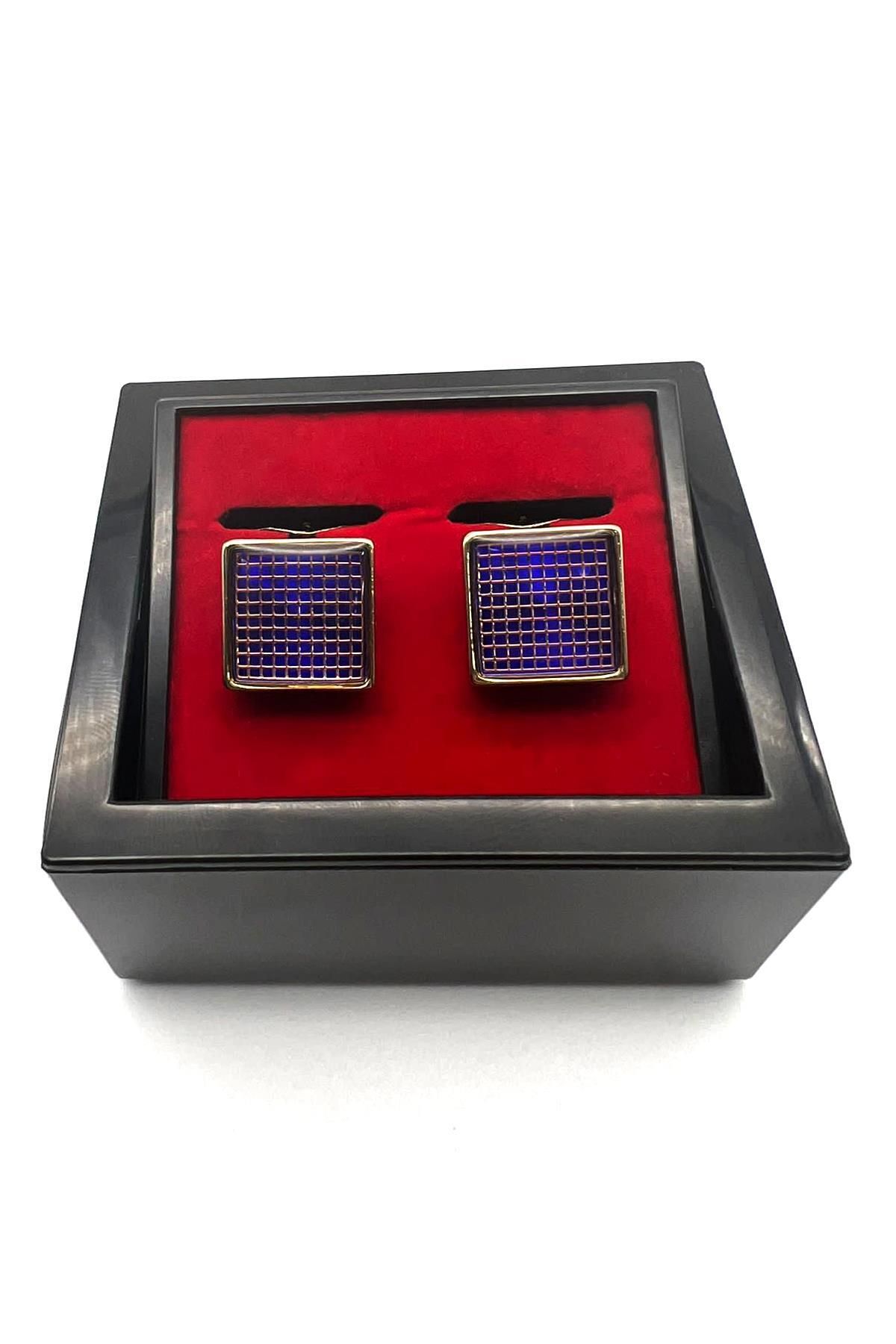 Fitmens Erkek Altın Saks Mavi Taşlı Hediye Kutulu Kol Düğmesi K3510 - Saks Mavi