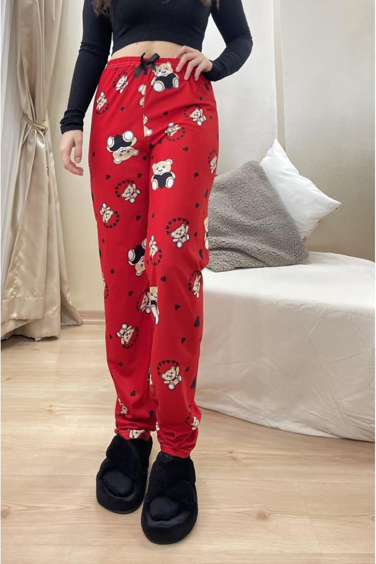 Betimoda Kadın Kadife Pijama Altı Eşofman Pamuklu Kırmızı Ayıcık