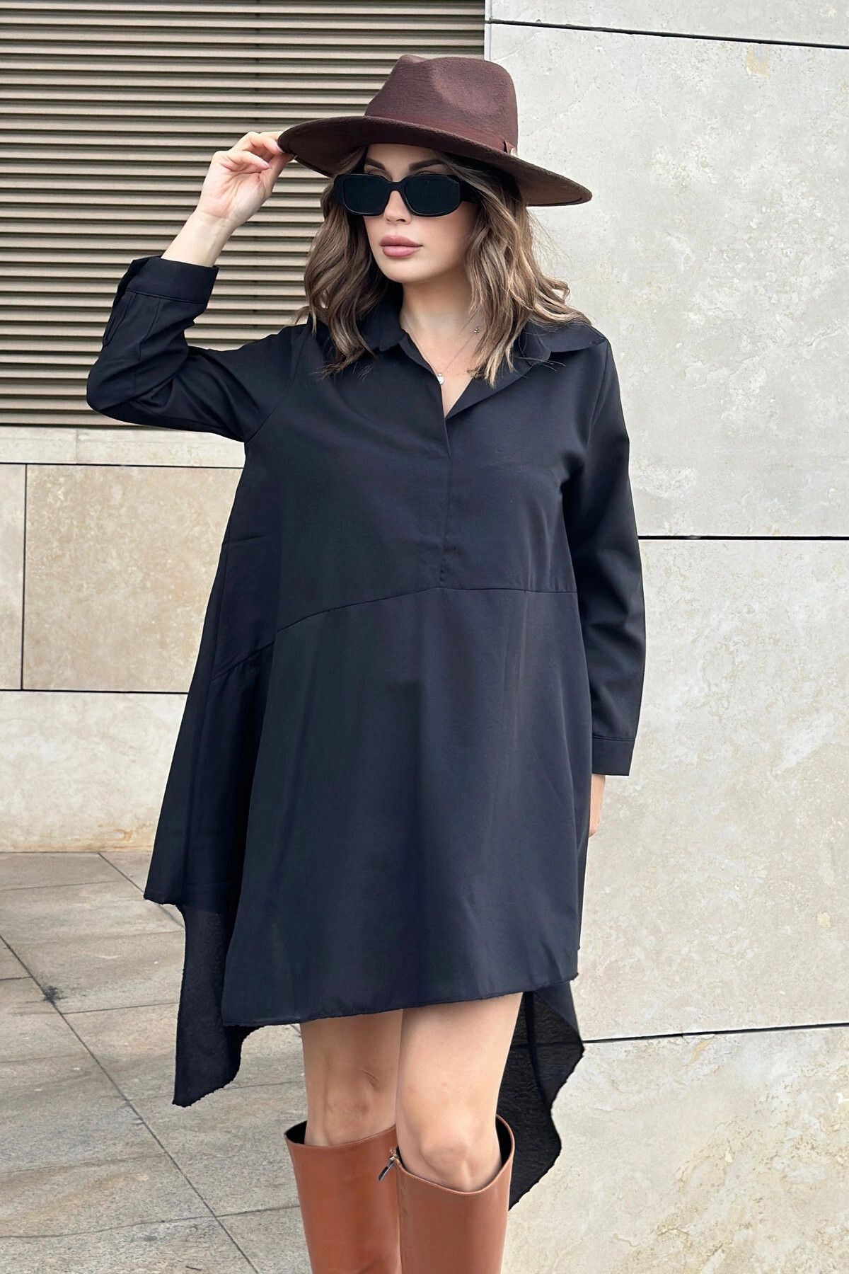 New Laviva Kadın Siyah Gömlek Yaka, Uzun Kol, Asimetrik Kesim, Salaş, Midi Tunik Elbise