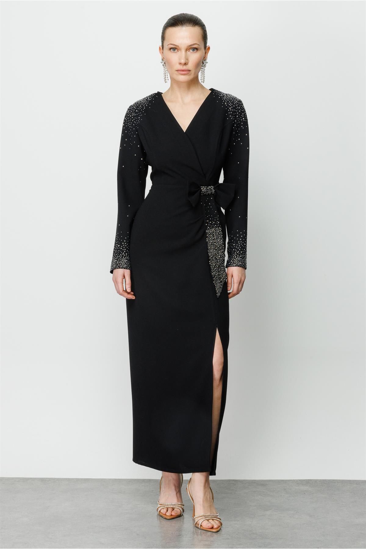 Moda İlgi Modailgi Taş Detaylı Yırtmaçlı Uzun Elbise Siyah