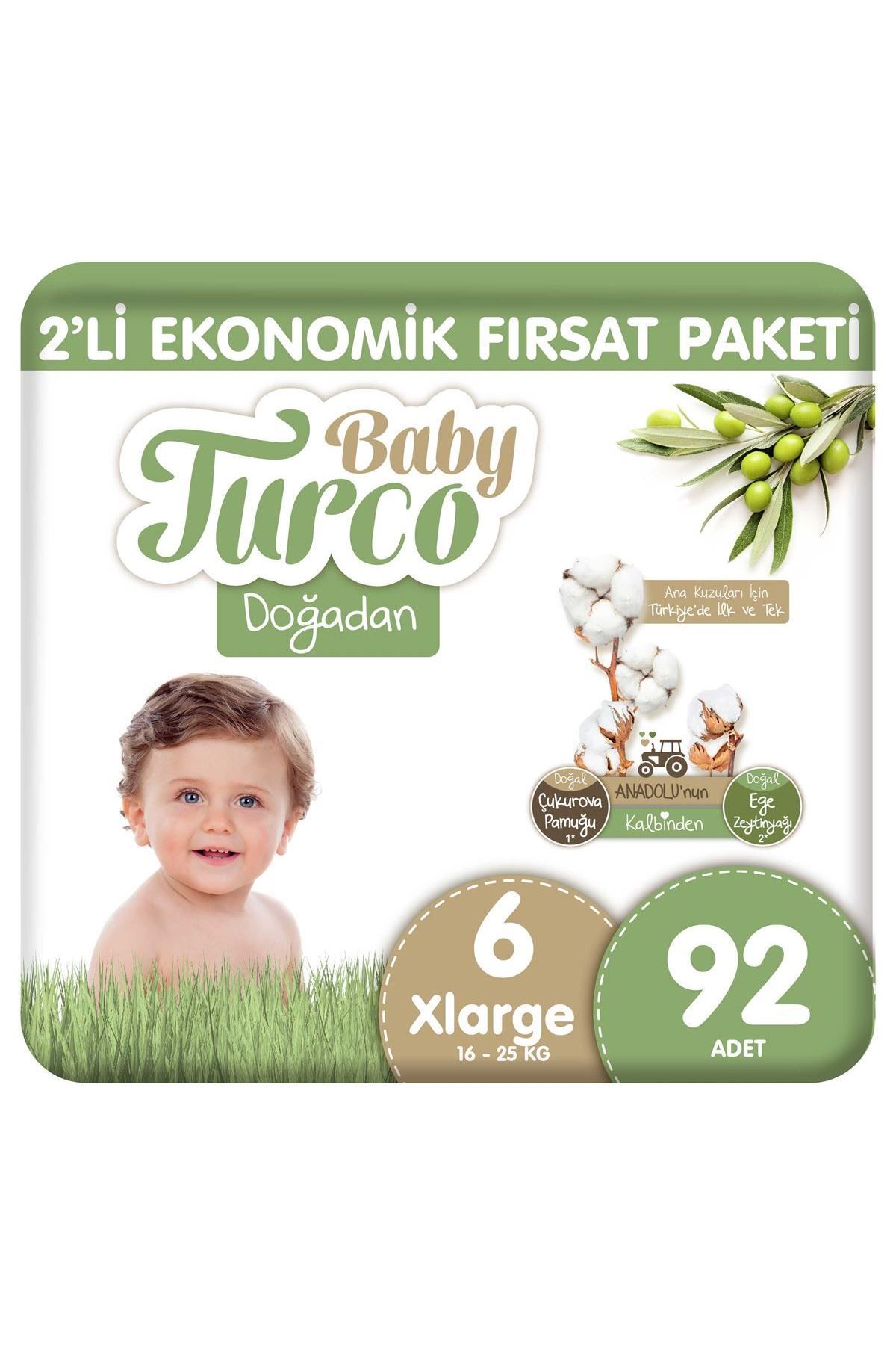 Baby Turco Doğadan 2'Li Ekonomik Fırsat Paketi Bebek Bezi 6 Numara Xlarge 92 Adet
