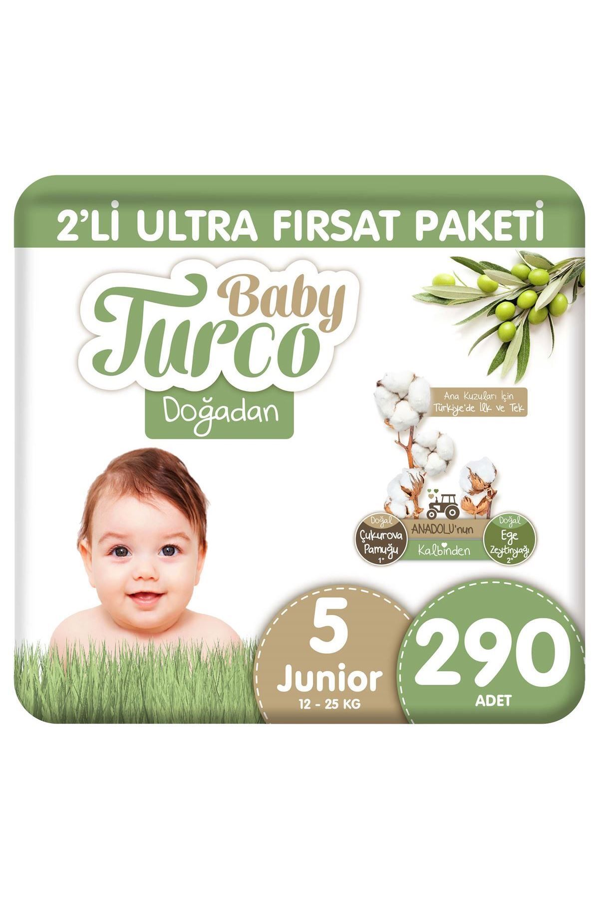 Baby Turco Doğadan 2'Li Ultra Fırsat Paketi Bebek Bezi 5 Numara Junior 290 Adet