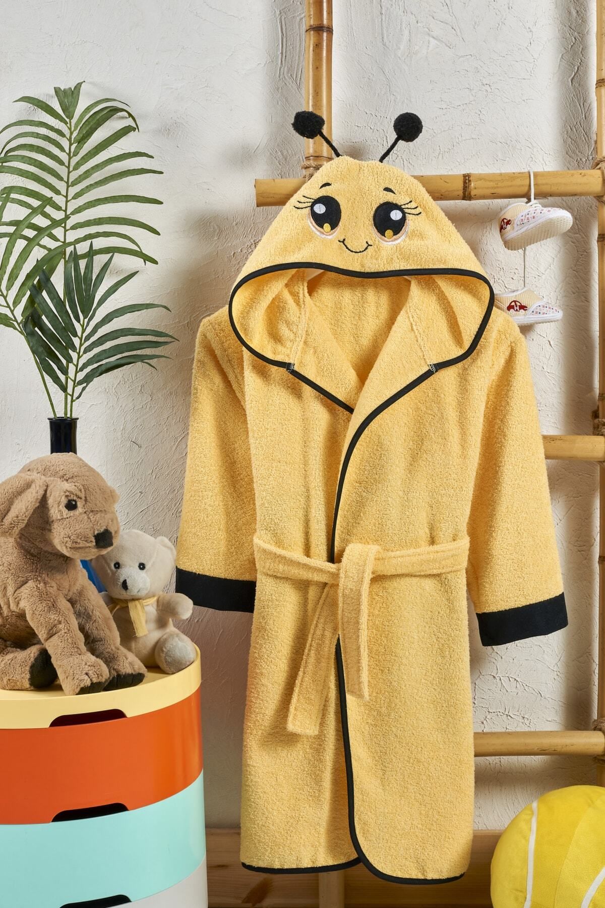 Podiumtex Pamuklu Kız Çocuk Bornozu-hayvan Desenli-sarı-arı Model