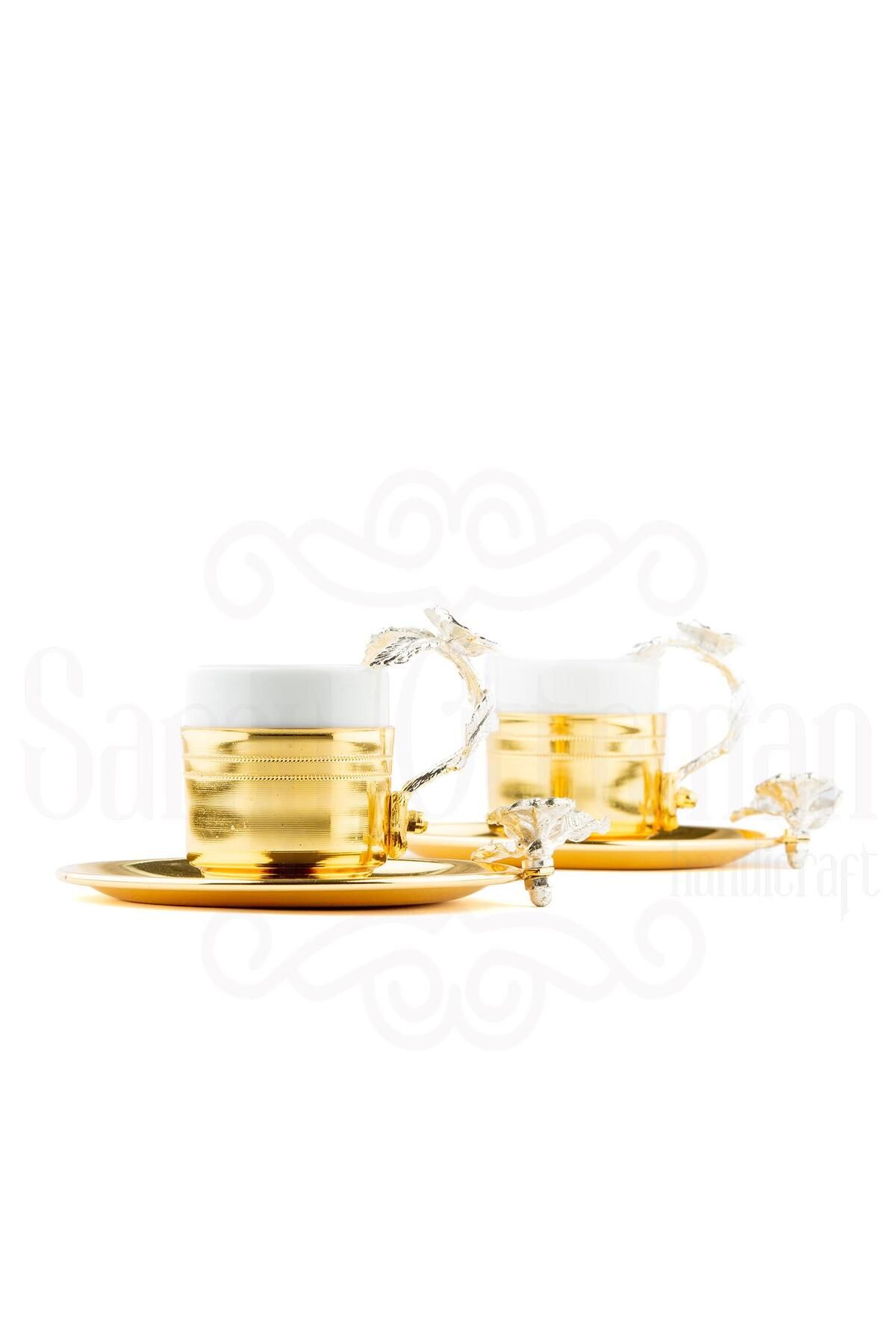 Saray Ottoman Bakır Kahve Fincanı Porselen Kahve Fincanı Nikel Japon Gülü Çizgili 2'li Kahve Fincanı Altın