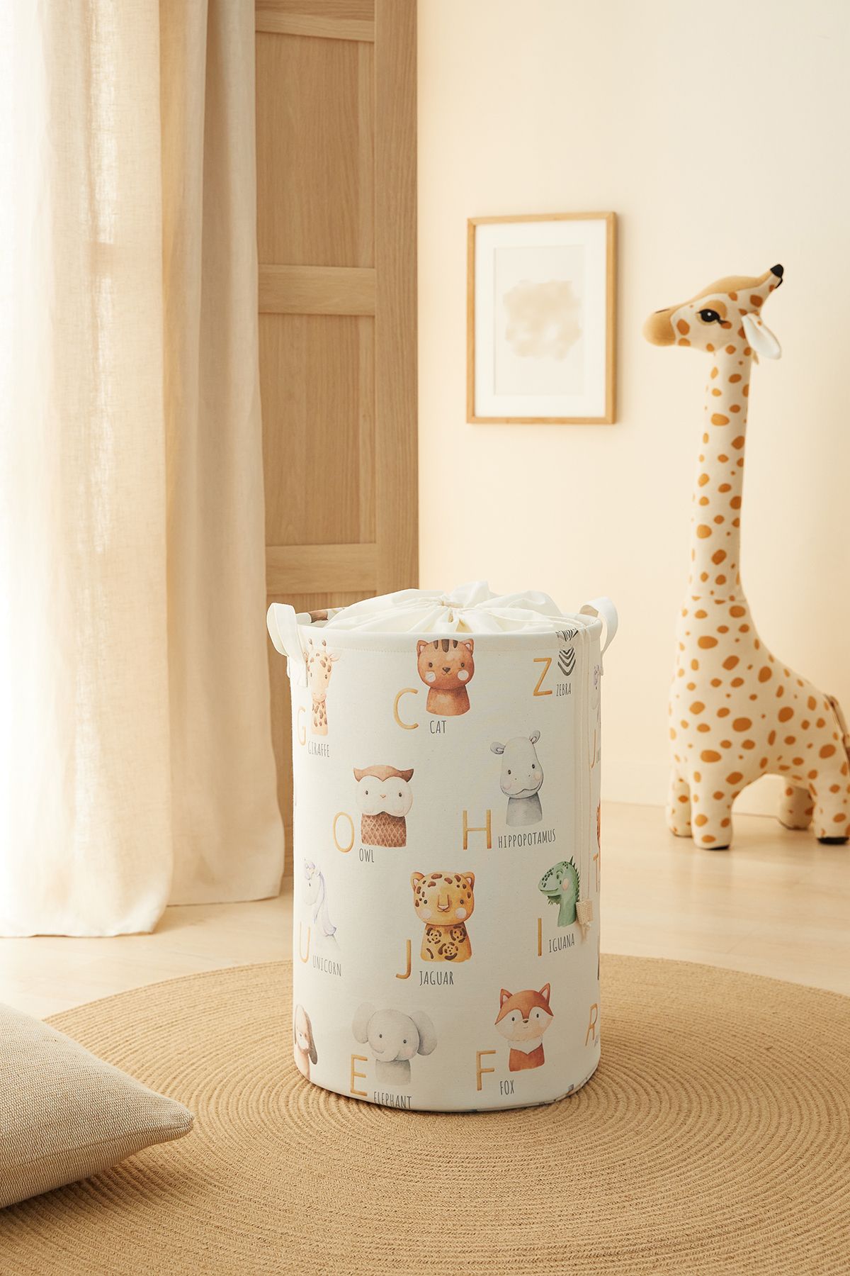 Ocean Home Textile Çocuk Odası Ağzı Büzgülü Sevimli Hayvanlar Oyuncak Düzenleyici Çamaşır Sepeti 36x50