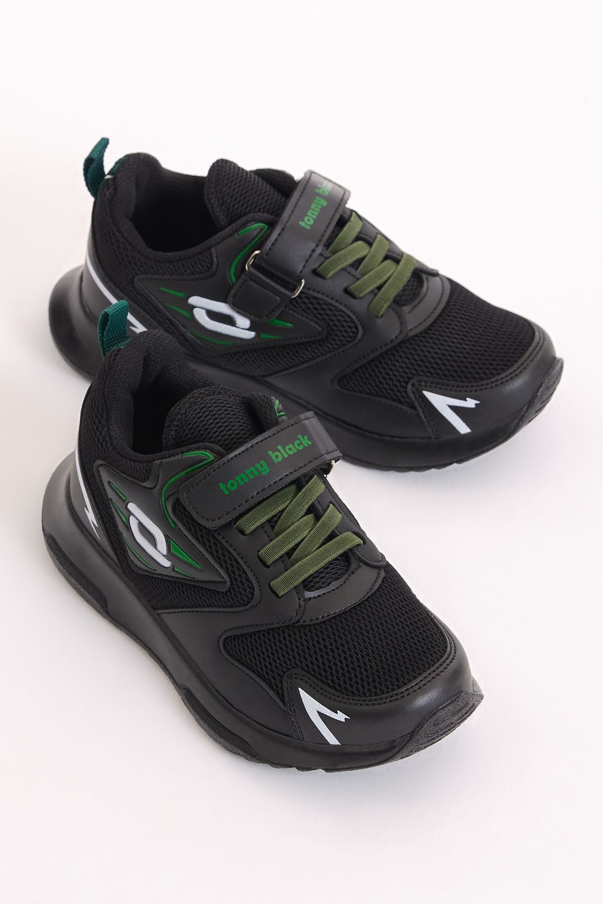 Tonny Black Çocuk Unisex Siyah Yeşil Nefes Alabilen Kumaş Desenli Cırtlı Spor Ayakkabı